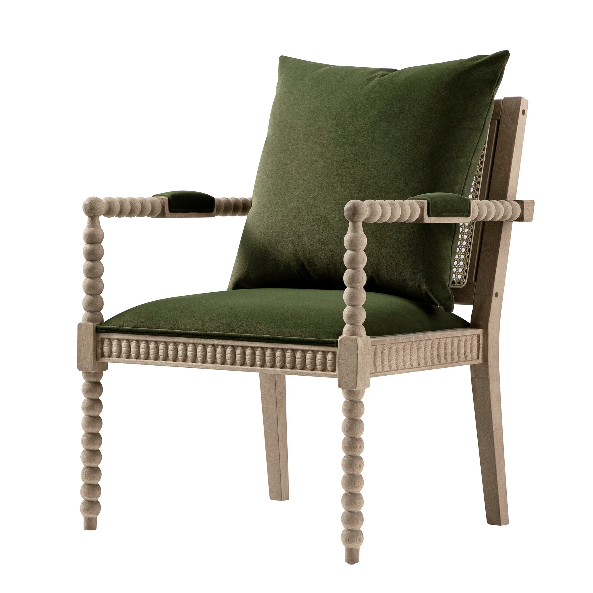 Hemingford Moss Green Velvet Bobbin Washed Oak Armchair - Image 8