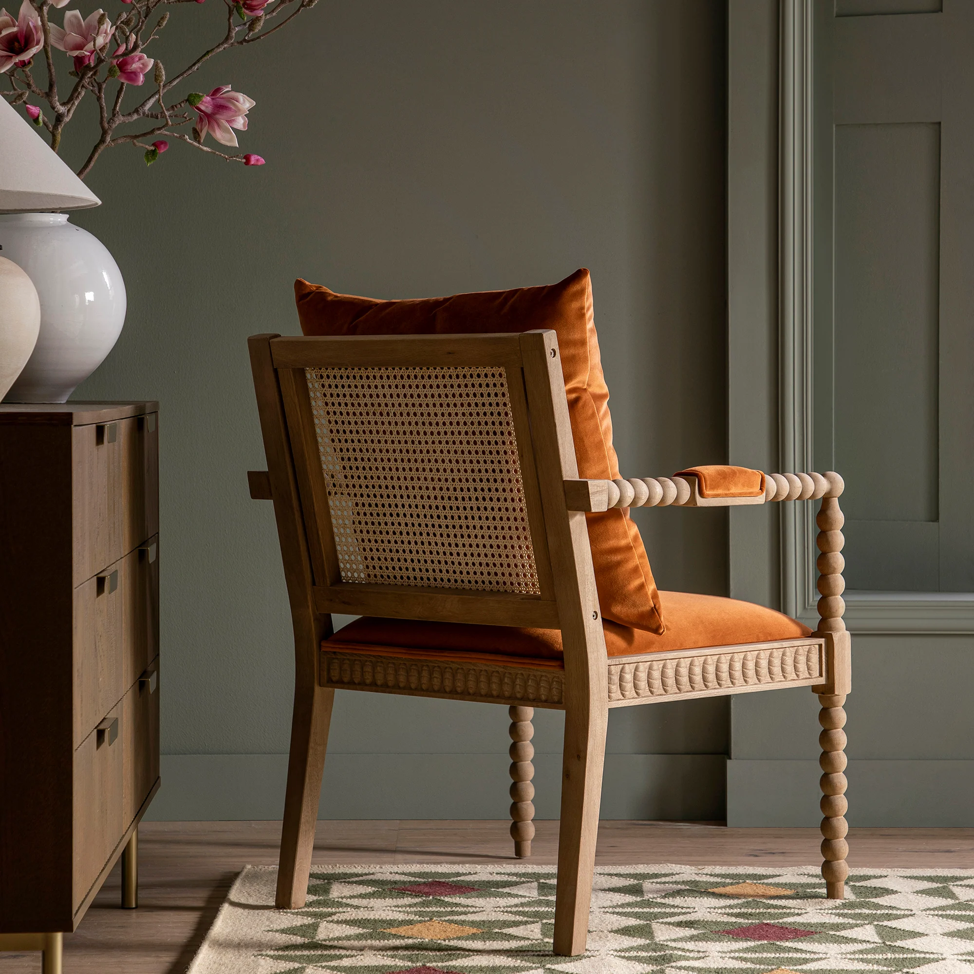 Hemingford Rust Velvet Bobbin Washed Oak Armchair - Image 3