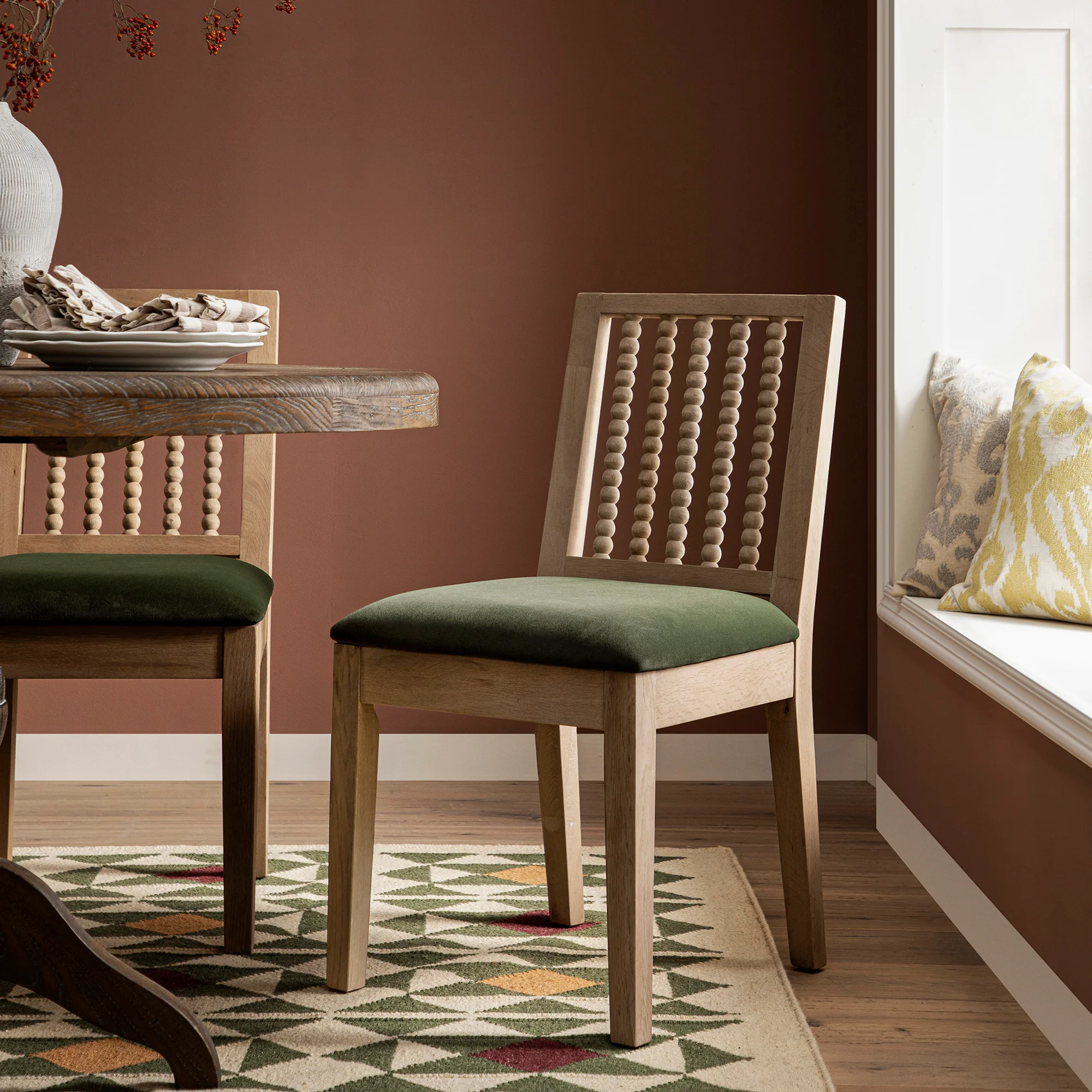 Hemingford Set of 2 Moss Green Velvet Bobbin Spindle Washed Oak Dining Chairs - Image 6