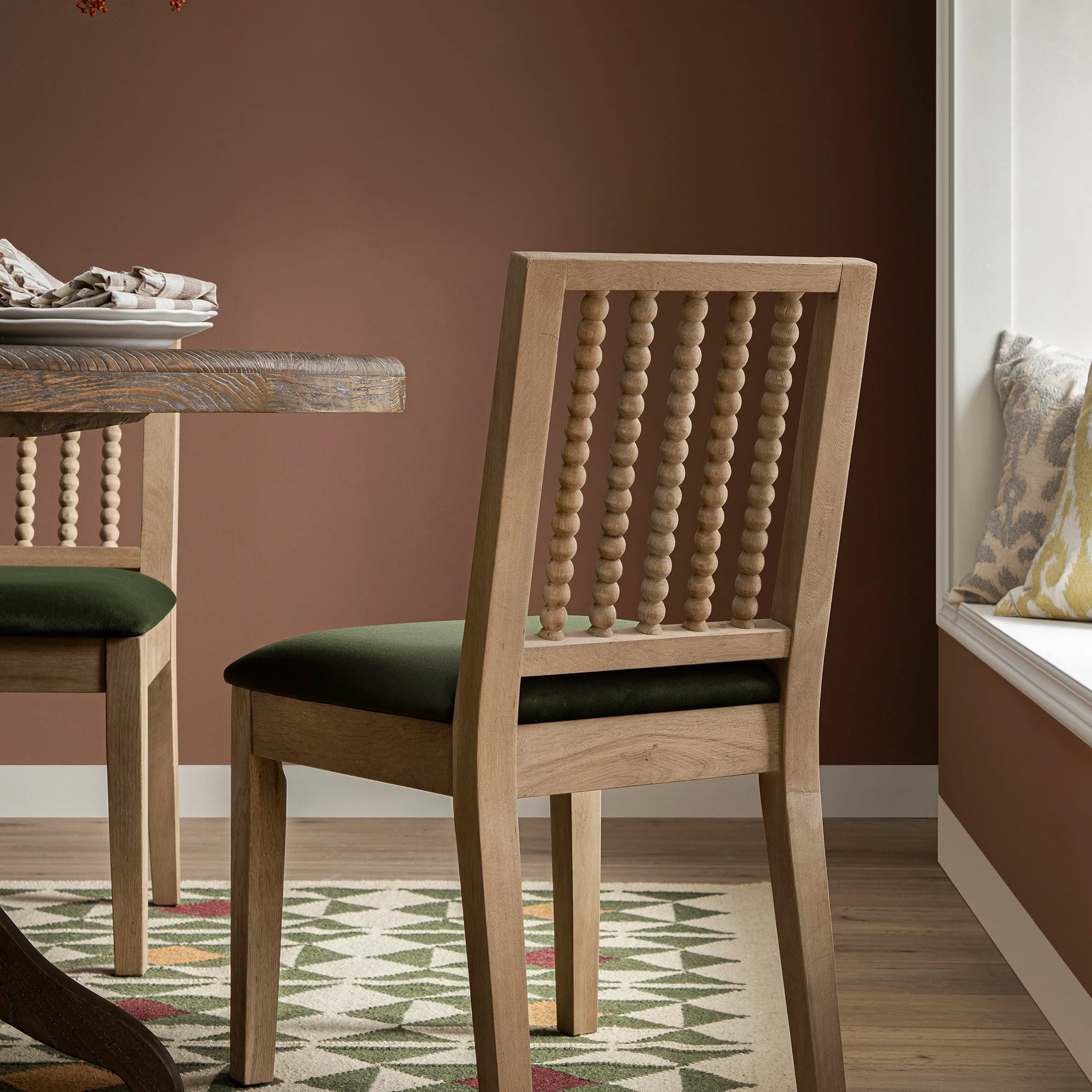 Hemingford Set of 2 Moss Green Velvet Bobbin Spindle Washed Oak Dining Chairs - Image 7