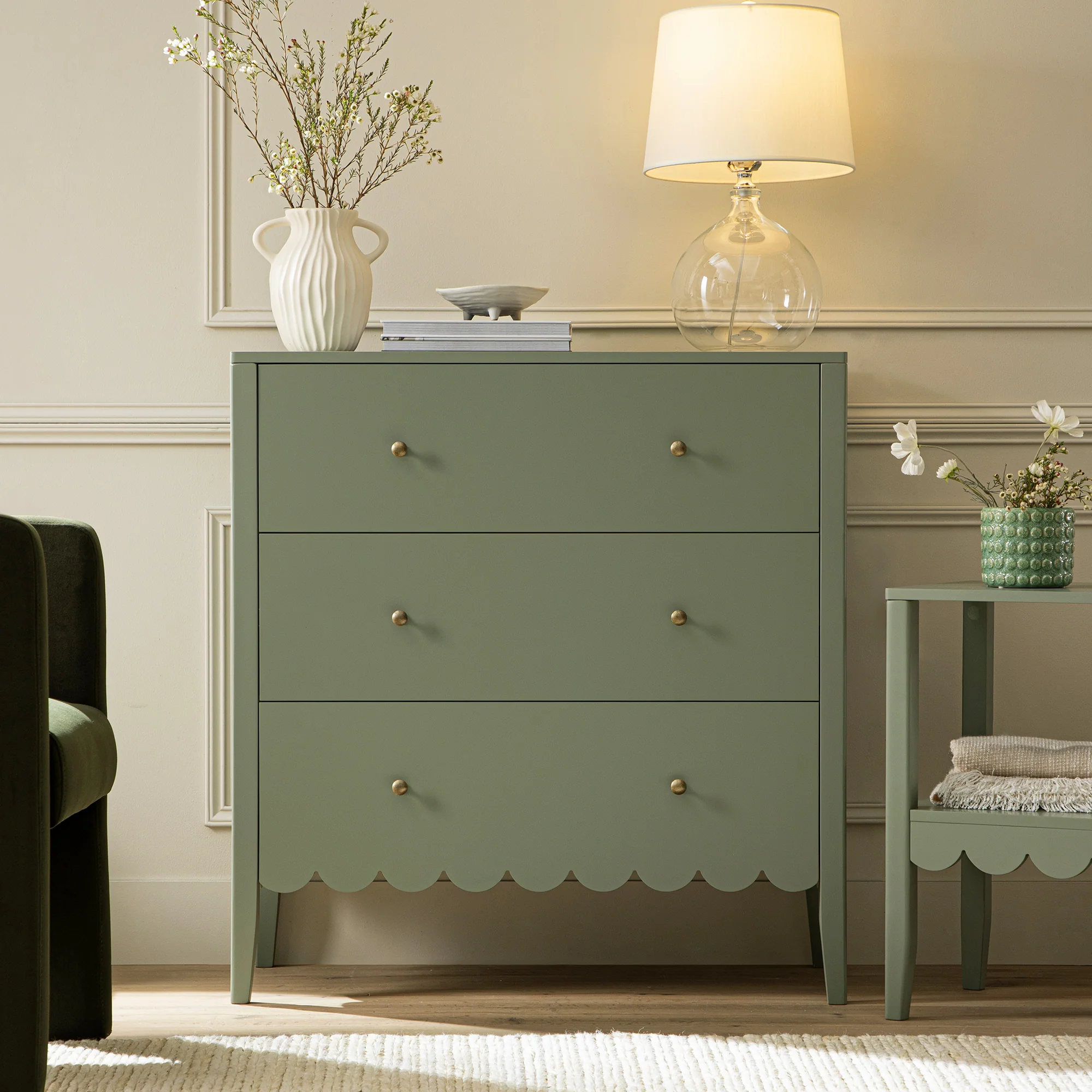 Henley Scalloped Edge 3 Drawer Chest, Sage Green - Image 3