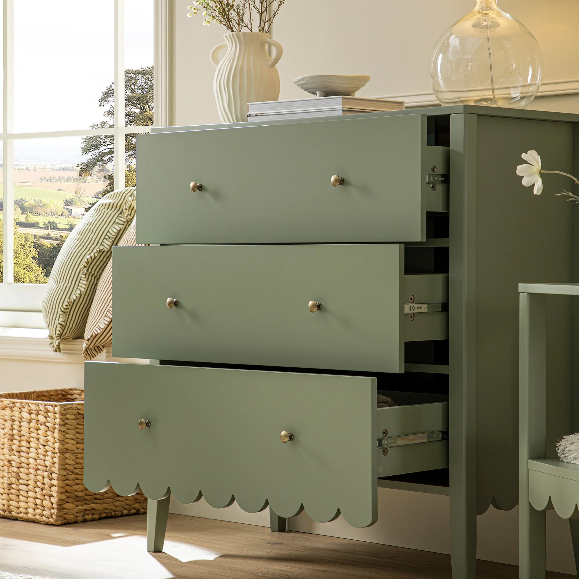 Henley Scalloped Edge 3 Drawer Chest, Sage Green - Image 5