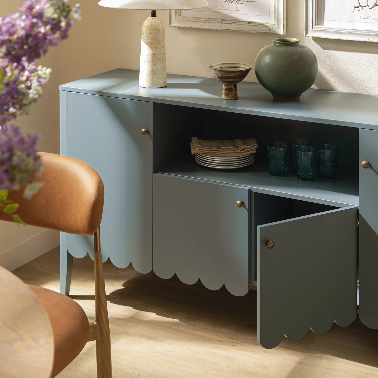 Henley Scalloped Edge 150cm Wide Sideboard with Open Shelf, Blue Spruce - Image 4