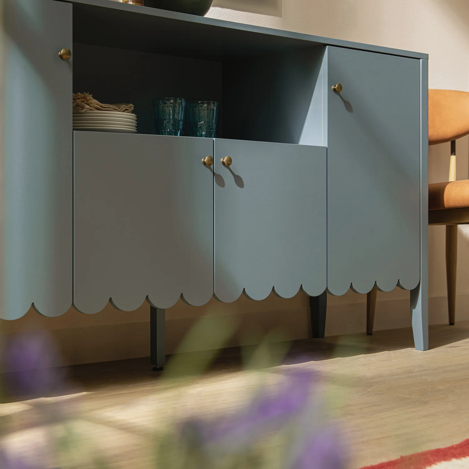 Henley Scalloped Edge 150cm Wide Sideboard with Open Shelf, Blue Spruce - Image 5