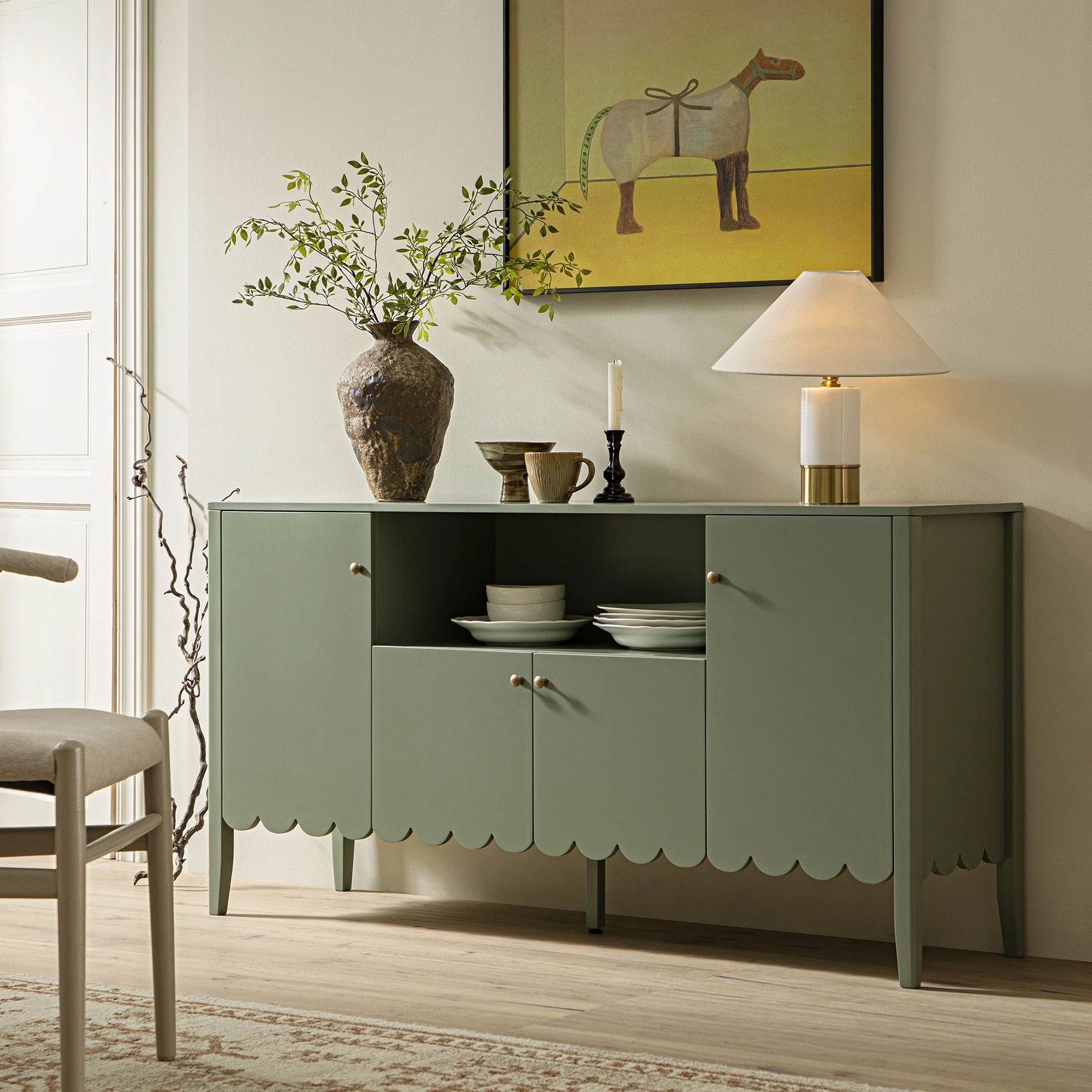 Henley Scalloped Edge 150cm Wide Sideboard with Open Shelf, Sage Green - Image 2