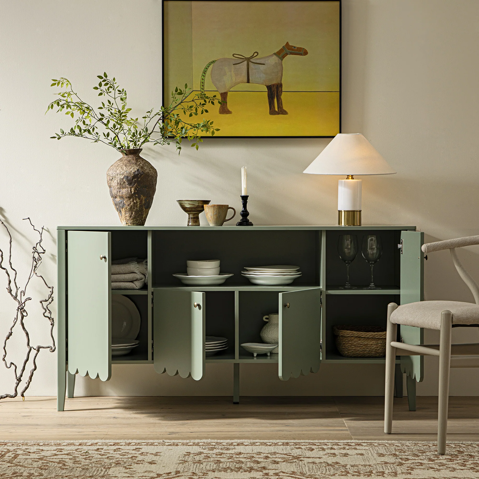 Henley Scalloped Edge 150cm Wide Sideboard with Open Shelf, Sage Green - Image 3