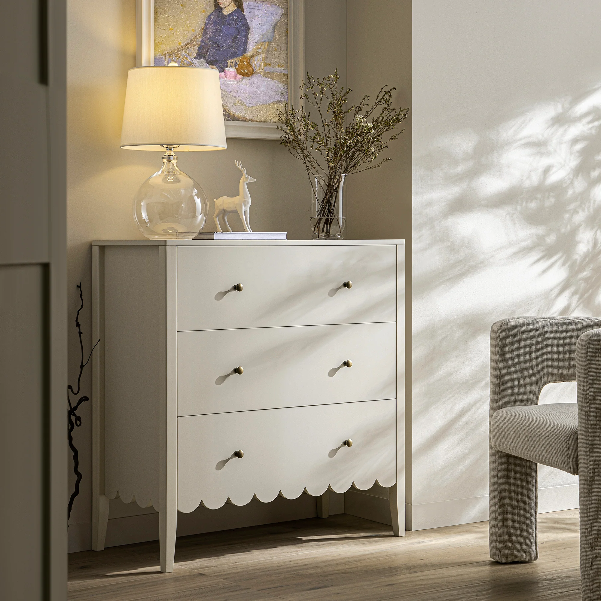 Henley Scalloped Edge 3 Drawer Chest, Light Sand - Image 2