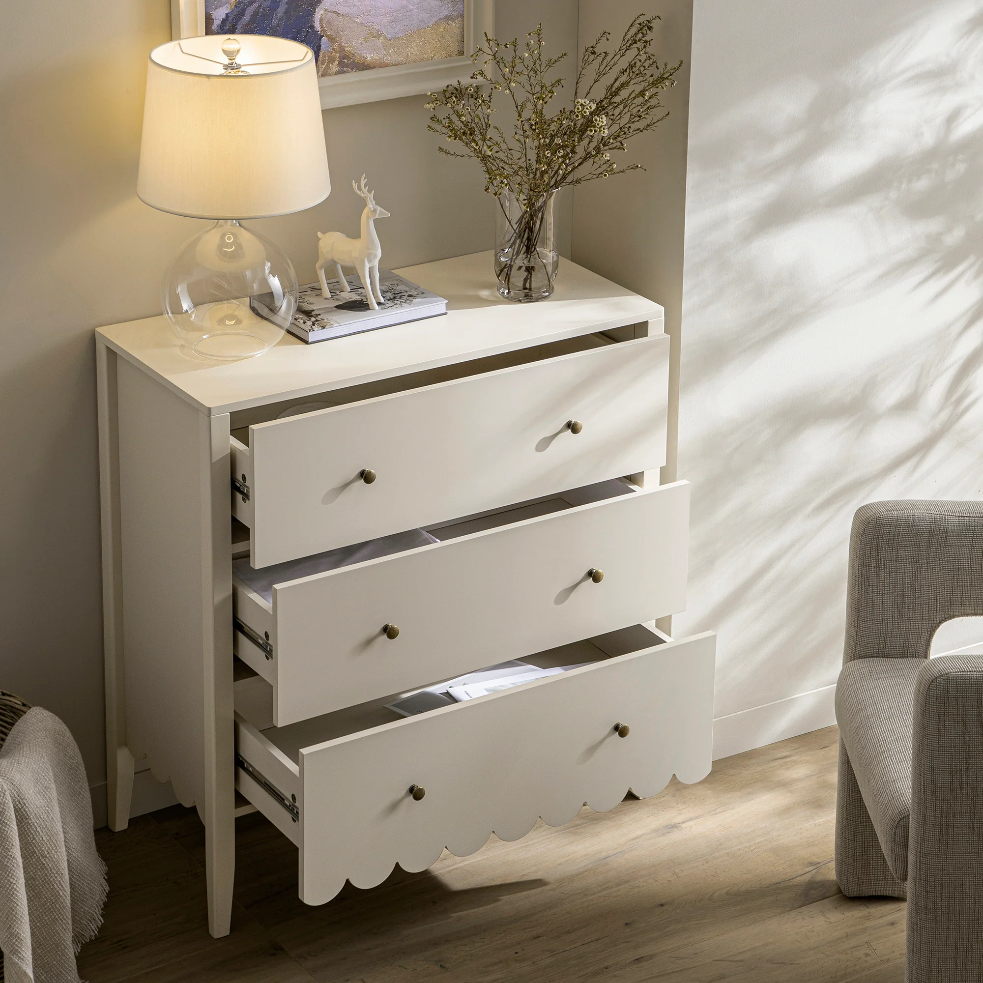 Henley Scalloped Edge 3 Drawer Chest, Light Sand - Image 3