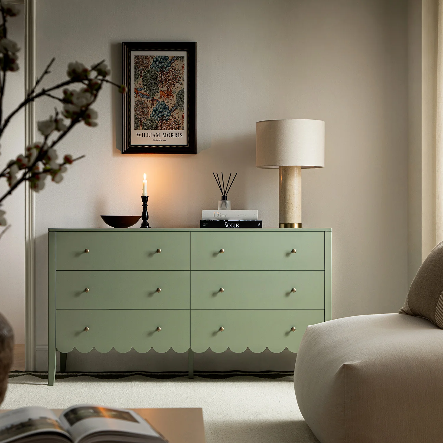 Henley Scalloped Edge 6 Drawer 140cm Wide Chest, Sage Green - Image 2