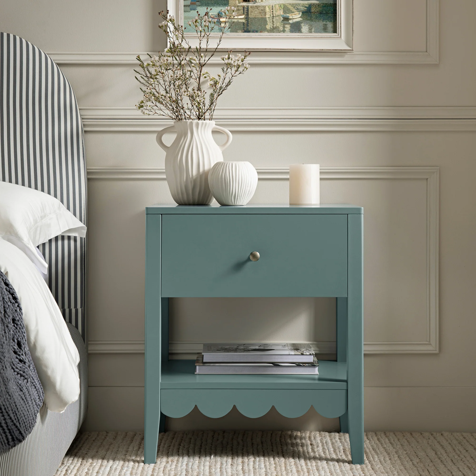 Henley Scalloped Edge Bedside Table with Drawer, Blue Spruce - Image 2
