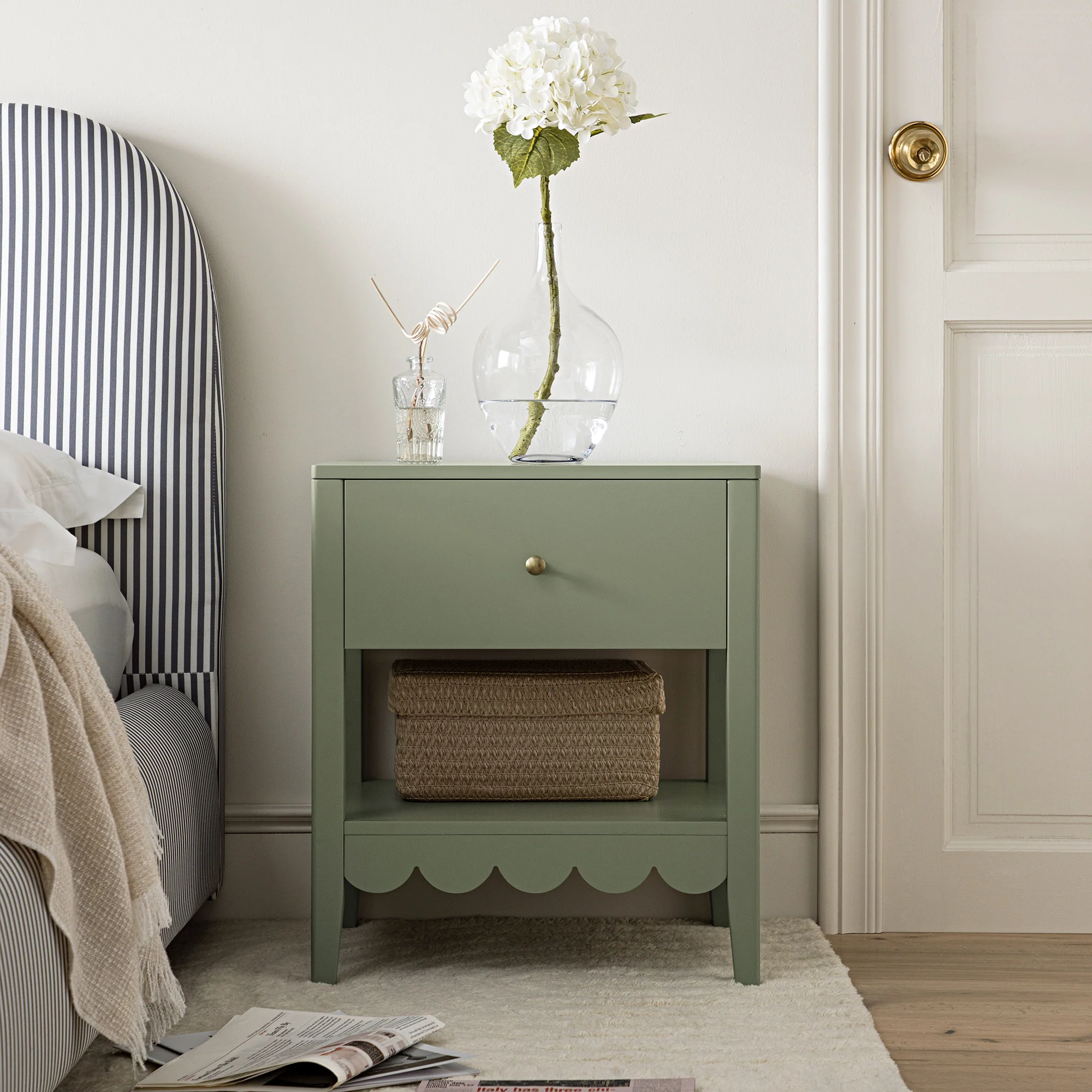 Henley Scalloped Edge Bedside Table with Drawer, Sage Green - Image 2
