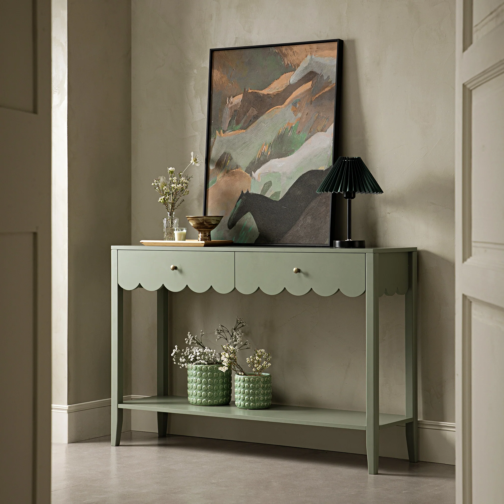 Henley Scalloped Edge Console Table, Sage Green - Image 2