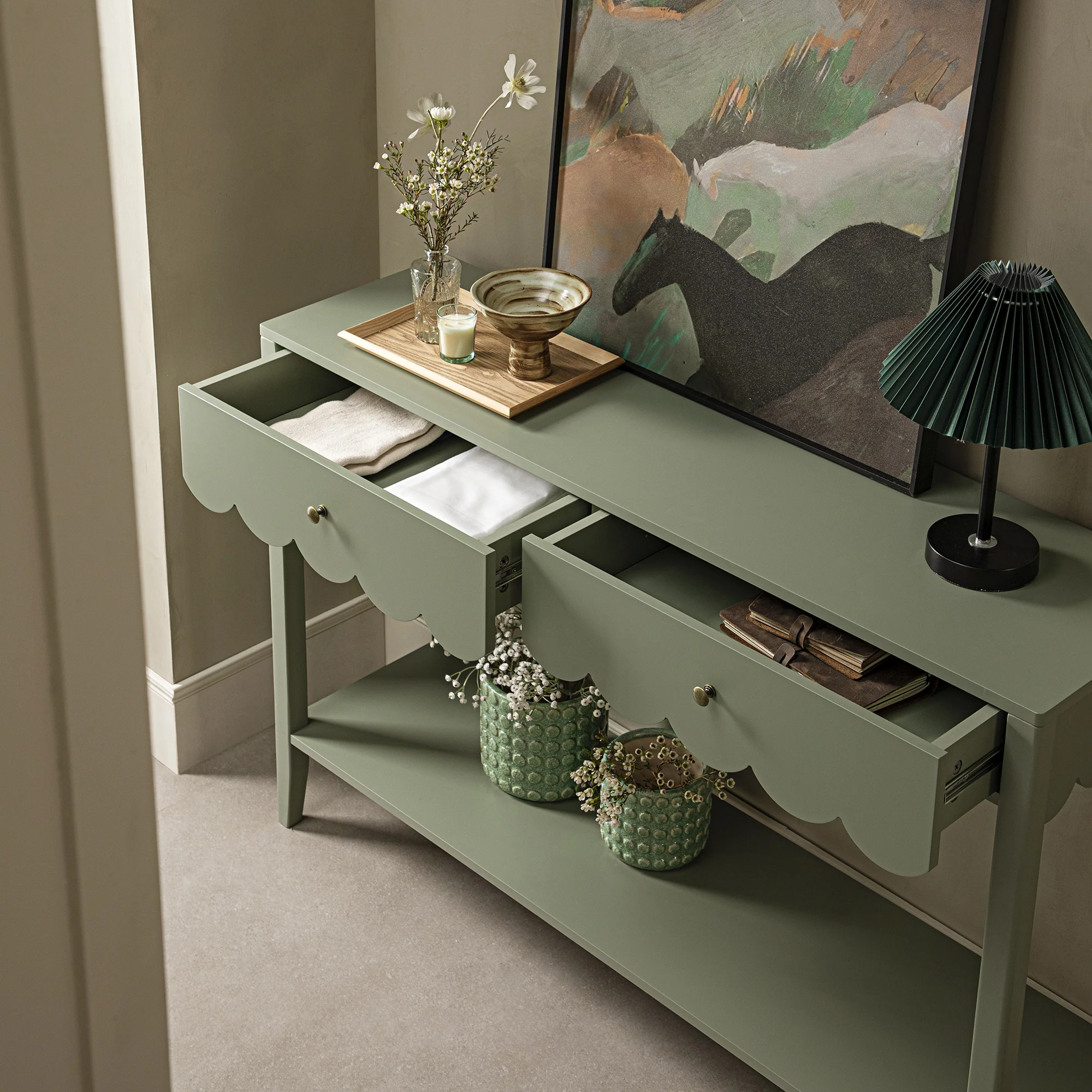 Henley Scalloped Edge Console Table, Sage Green - Image 3