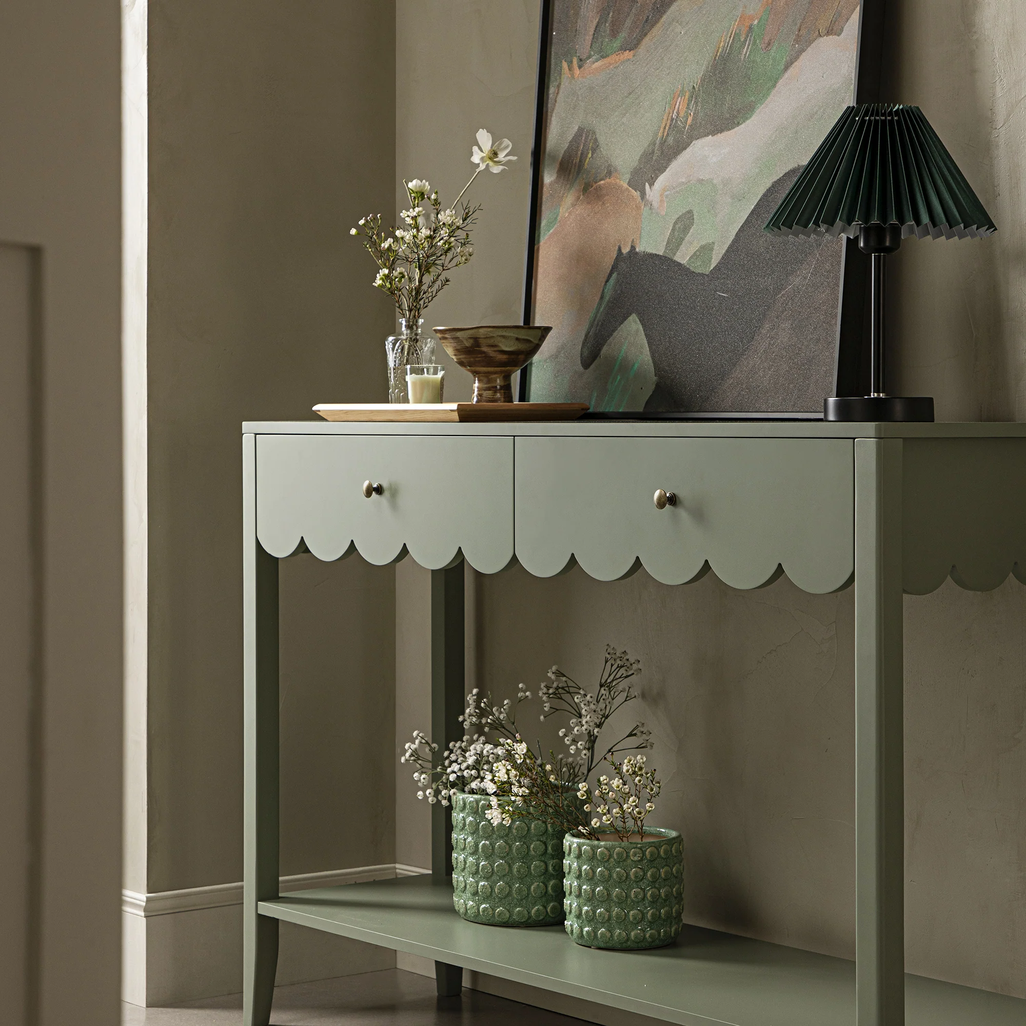Henley Scalloped Edge Console Table, Sage Green - Image 4