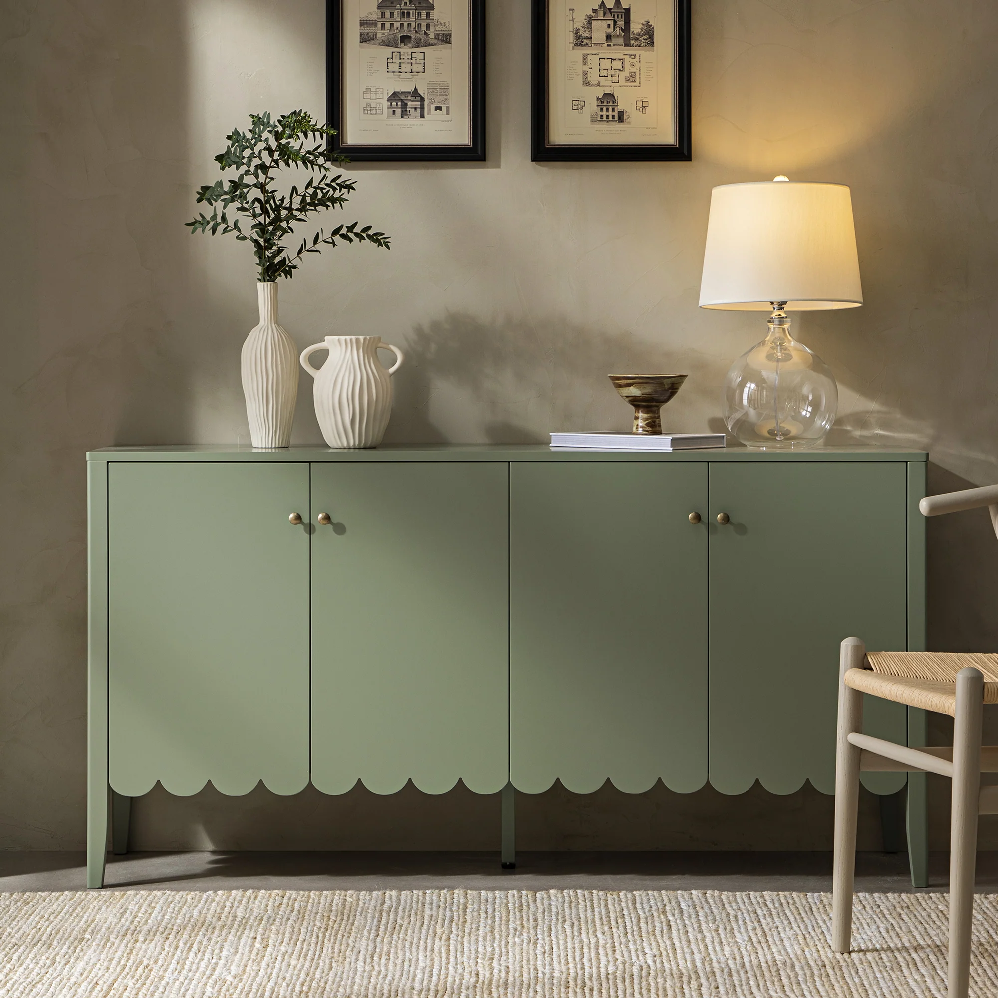 Henley Scalloped Edge 150cm Wide Sideboard, Sage Green - Image 2