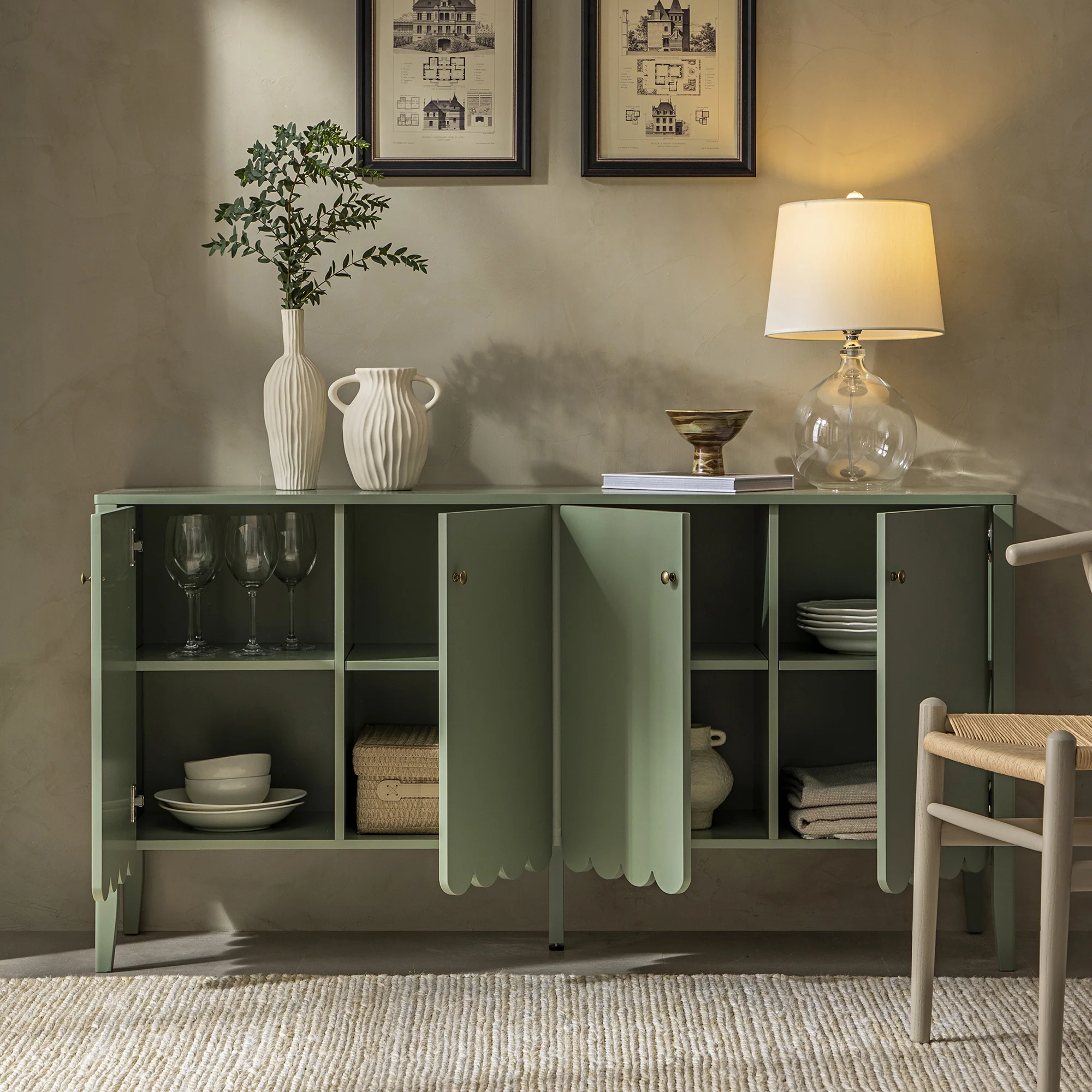 Henley Scalloped Edge 150cm Wide Sideboard, Sage Green - Image 3