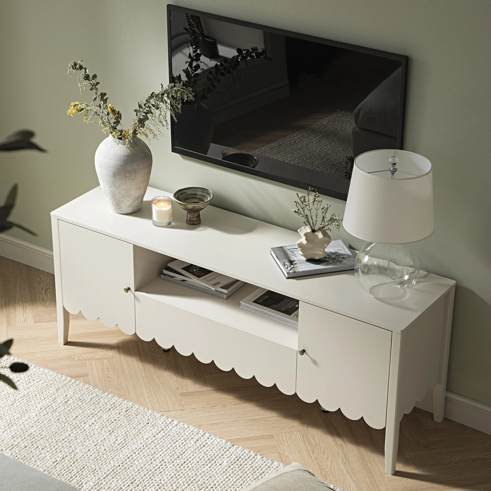 Henley Scalloped Edge 150cm Wide TV Unit, Light Sand - Image 4