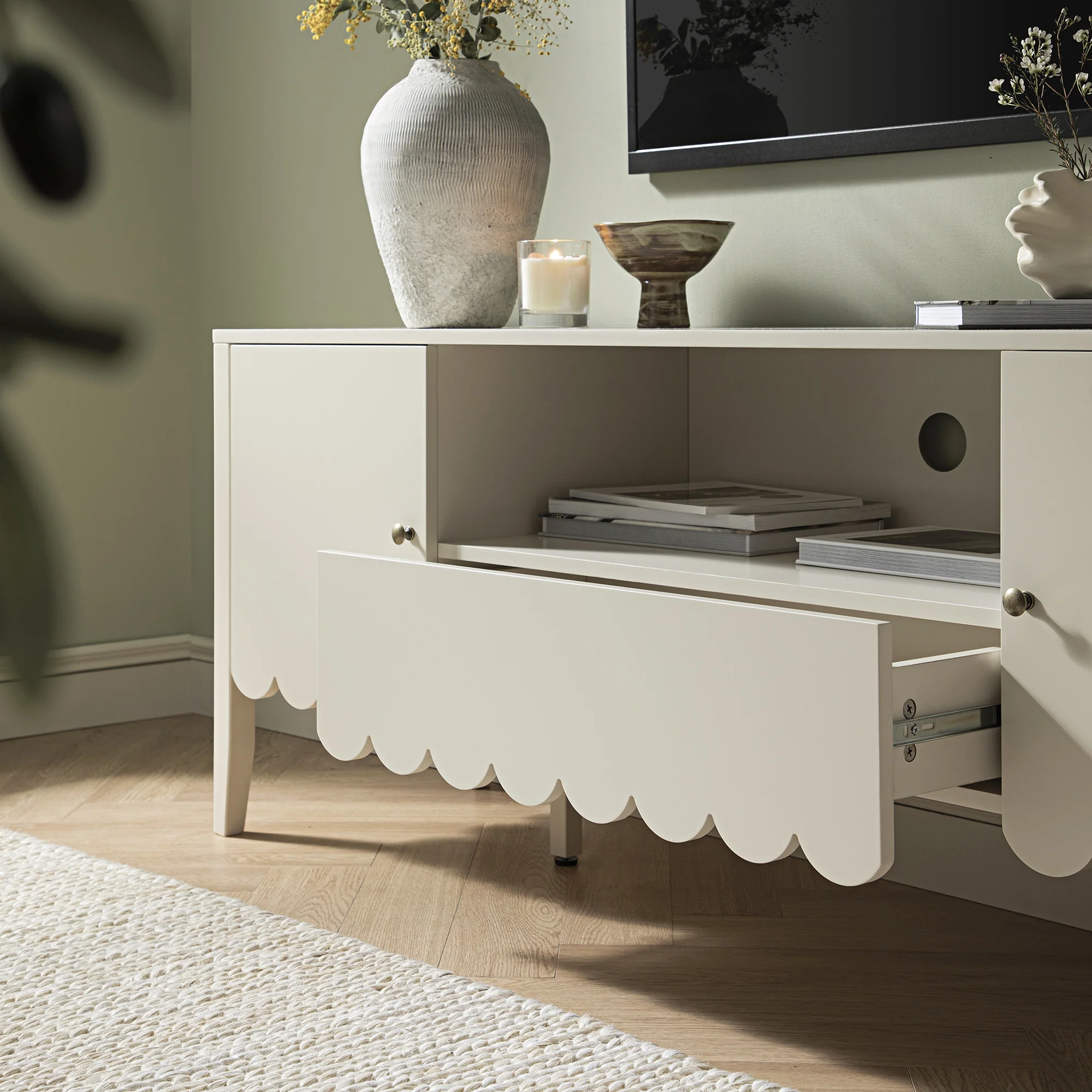 Henley Scalloped Edge 150cm Wide TV Unit, Light Sand - Image 5