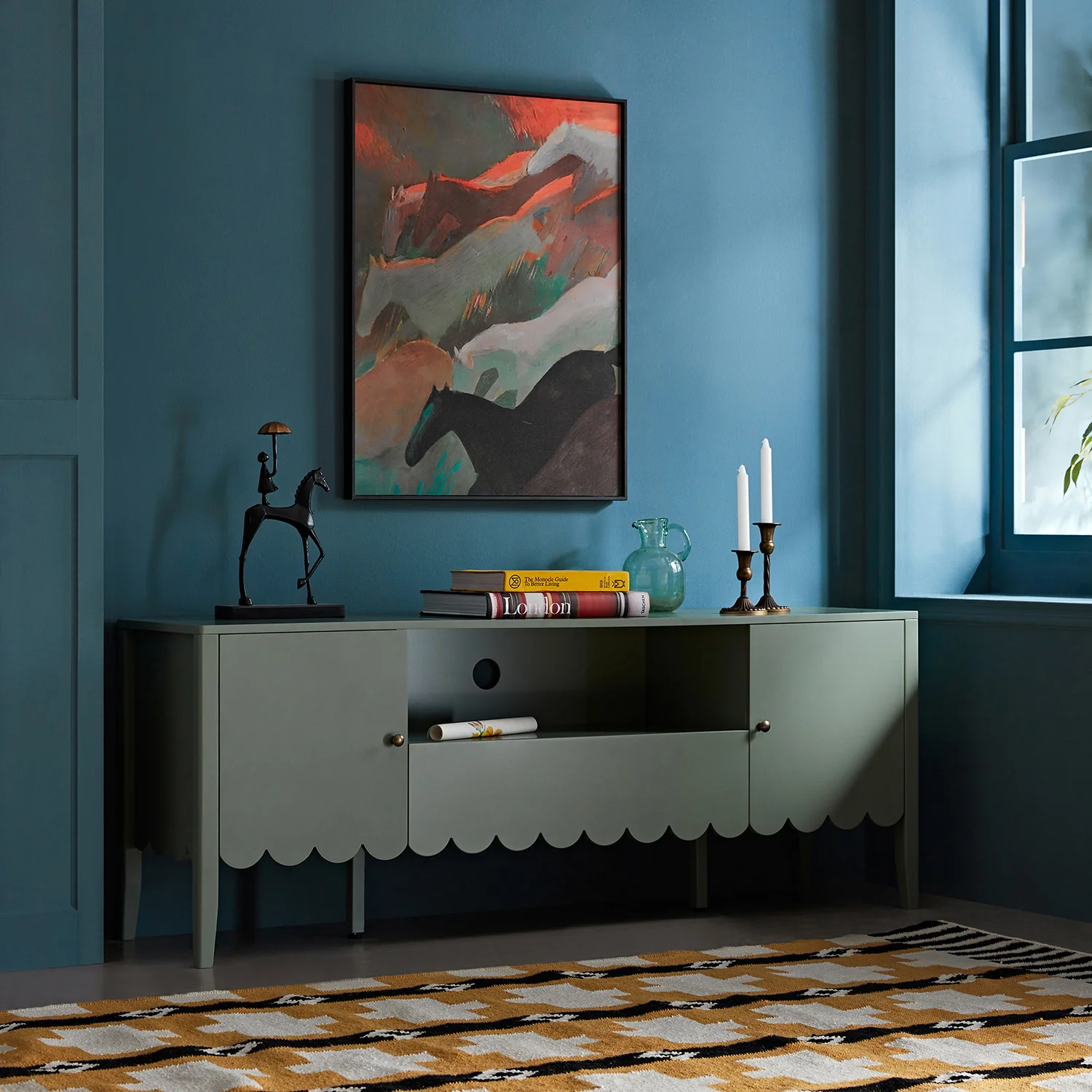 Henley Scalloped Edge 150cm Wide TV Unit, Sage Green - Image 2