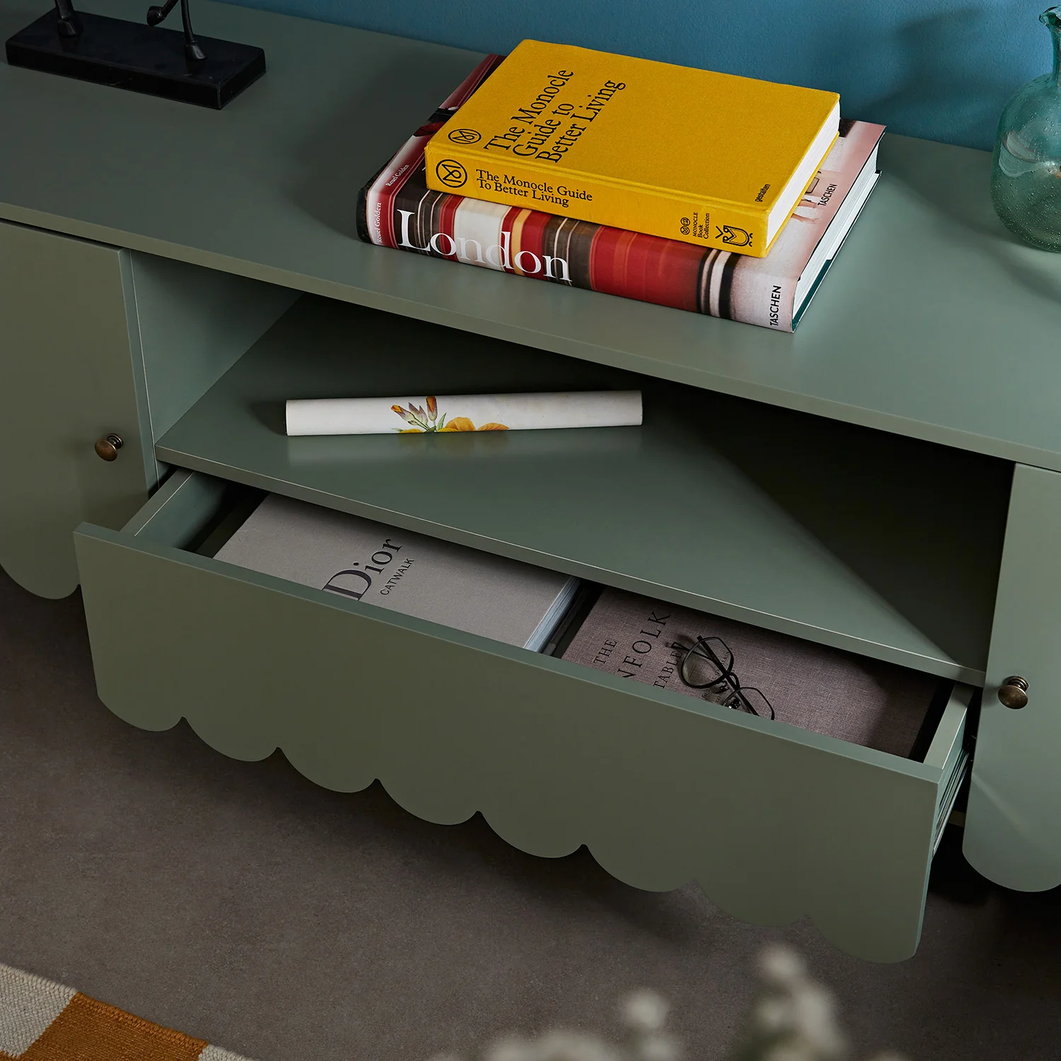 Henley Scalloped Edge 150cm Wide TV Unit, Sage Green - Image 6