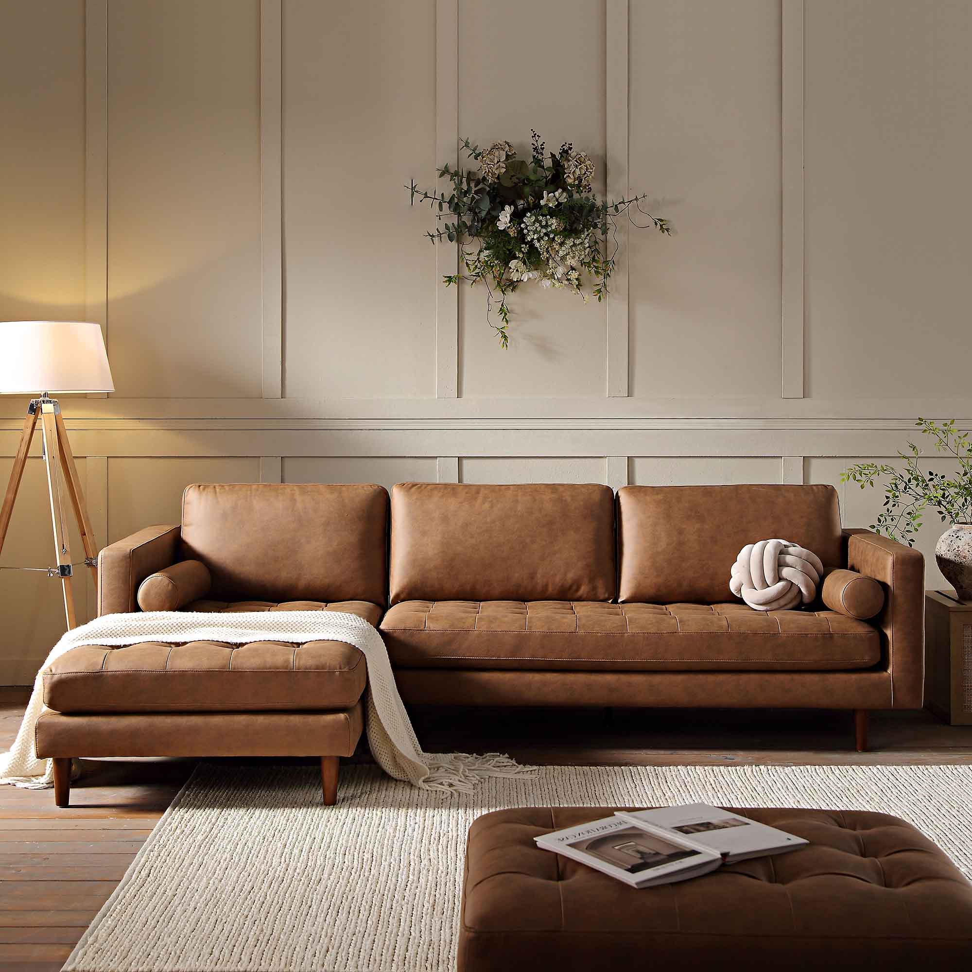 Henrietta Tan Faux Suede Grand 4-Seater Chaise End Sofa, Left Hand Facing - Image 2