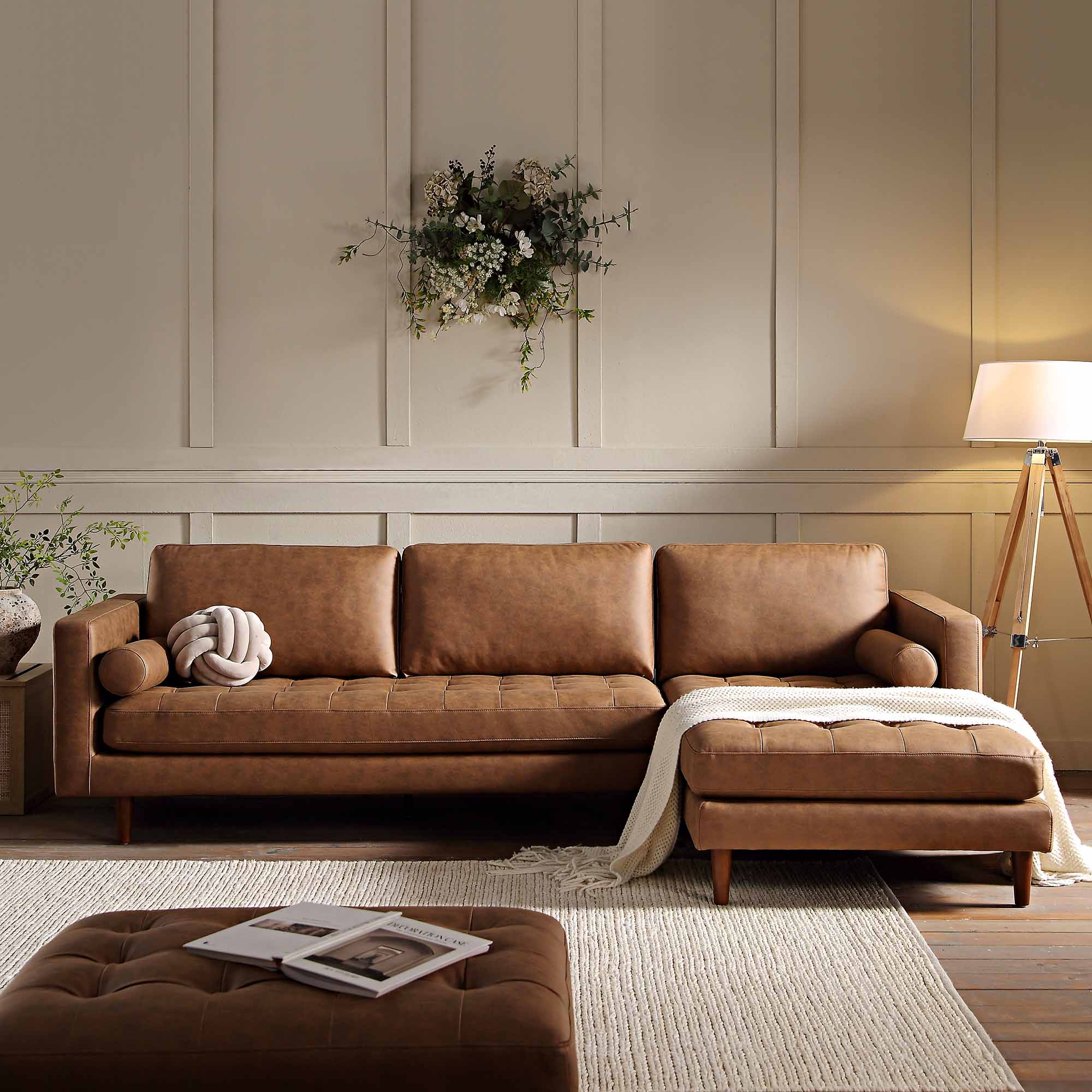 Henrietta Tan Faux Suede Grand 4-Seater Chaise End Sofa, Right Hand Facing - Image 2