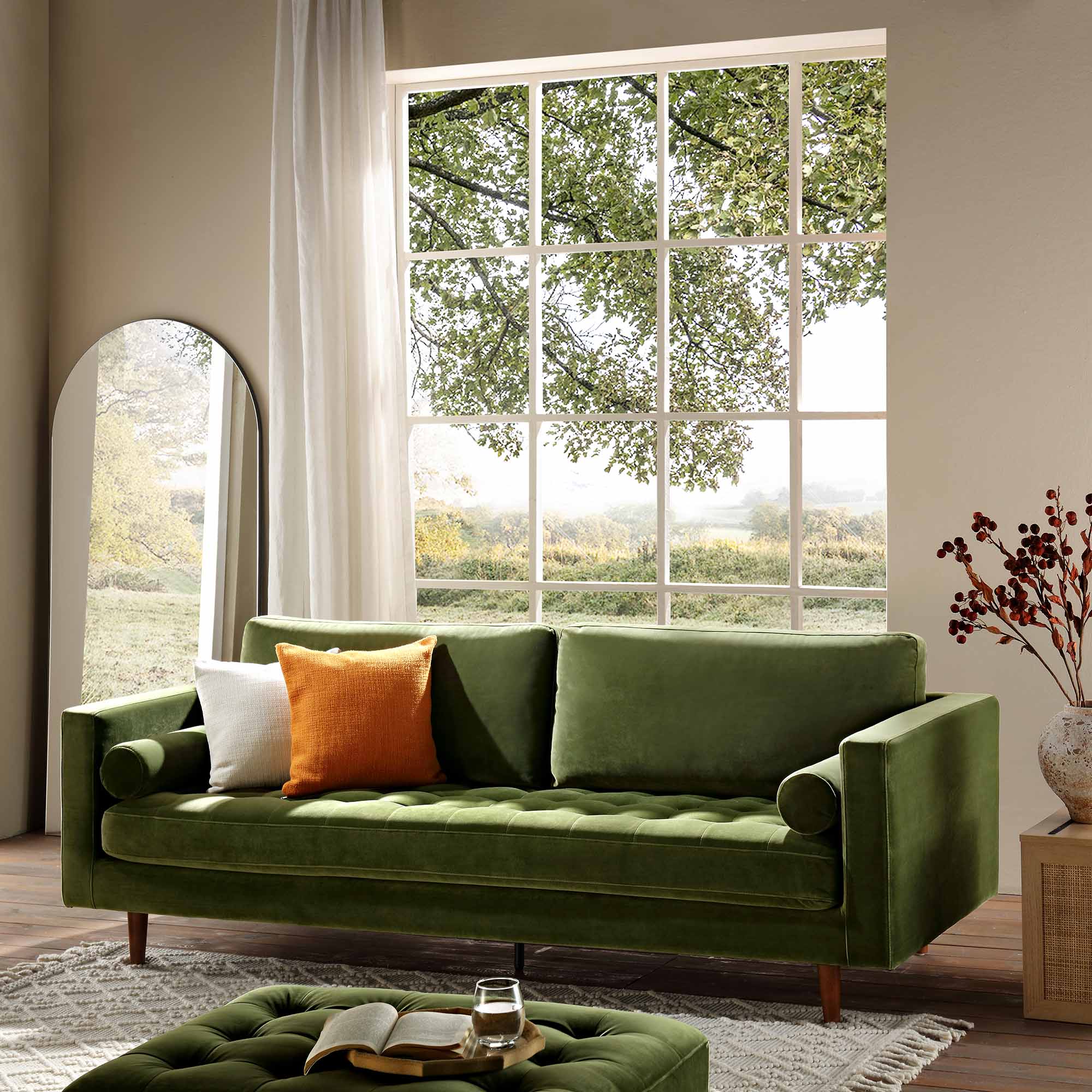 Henrietta Large 3-Seater Sofa, Moss Green Velvet - Image 3