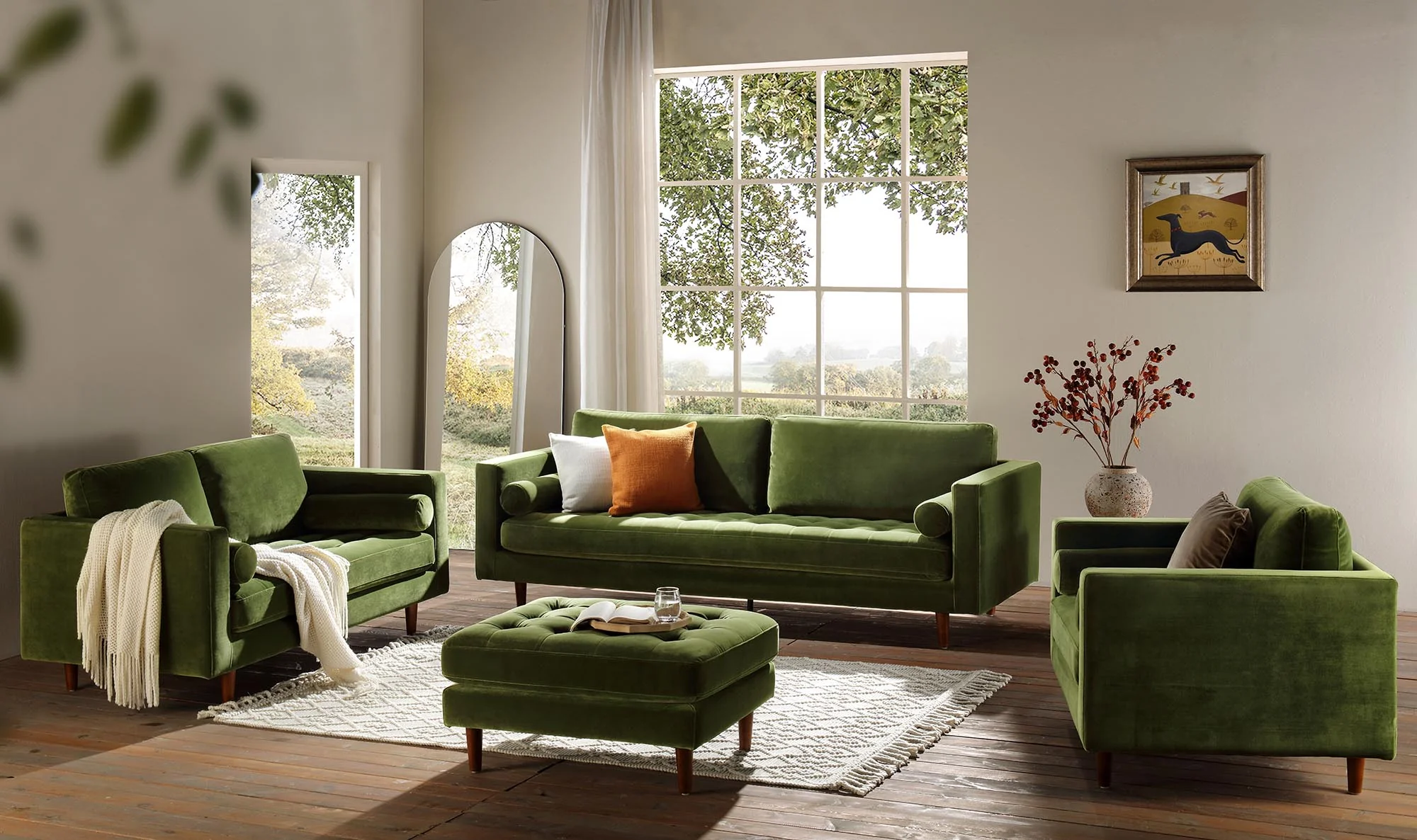 Henrietta Large 3-Seater Sofa, Moss Green Velvet - Image 4