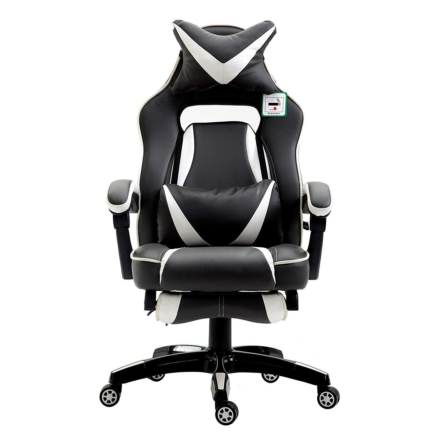 High Back Recliner Gaming Swivel Chair with Footrest & Adjustable Lumbar & Head Cushion, MR49 Black & White - Image 2