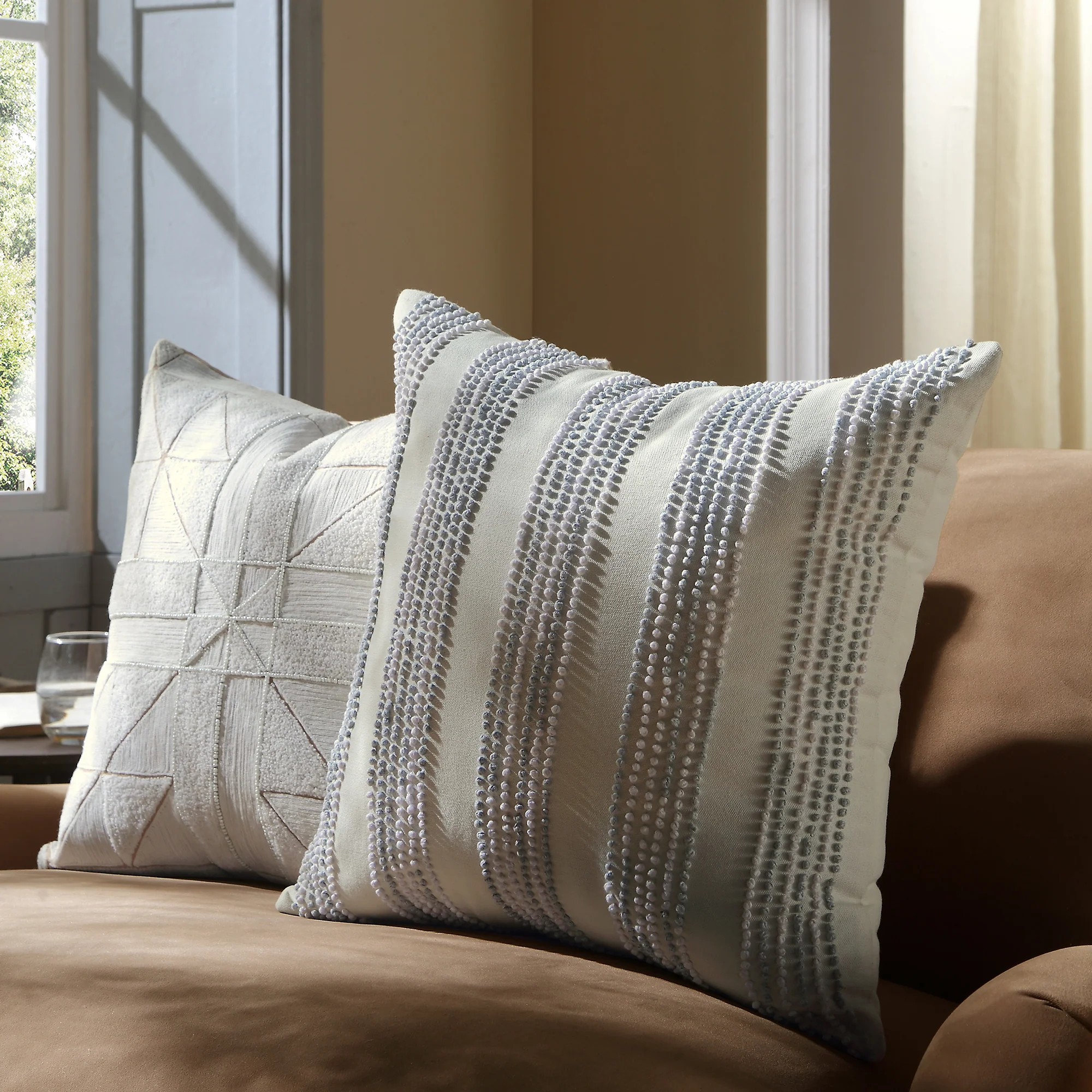 Indigo Collection Laguna French Knot White & Blue Cotton Cushion - Image 2