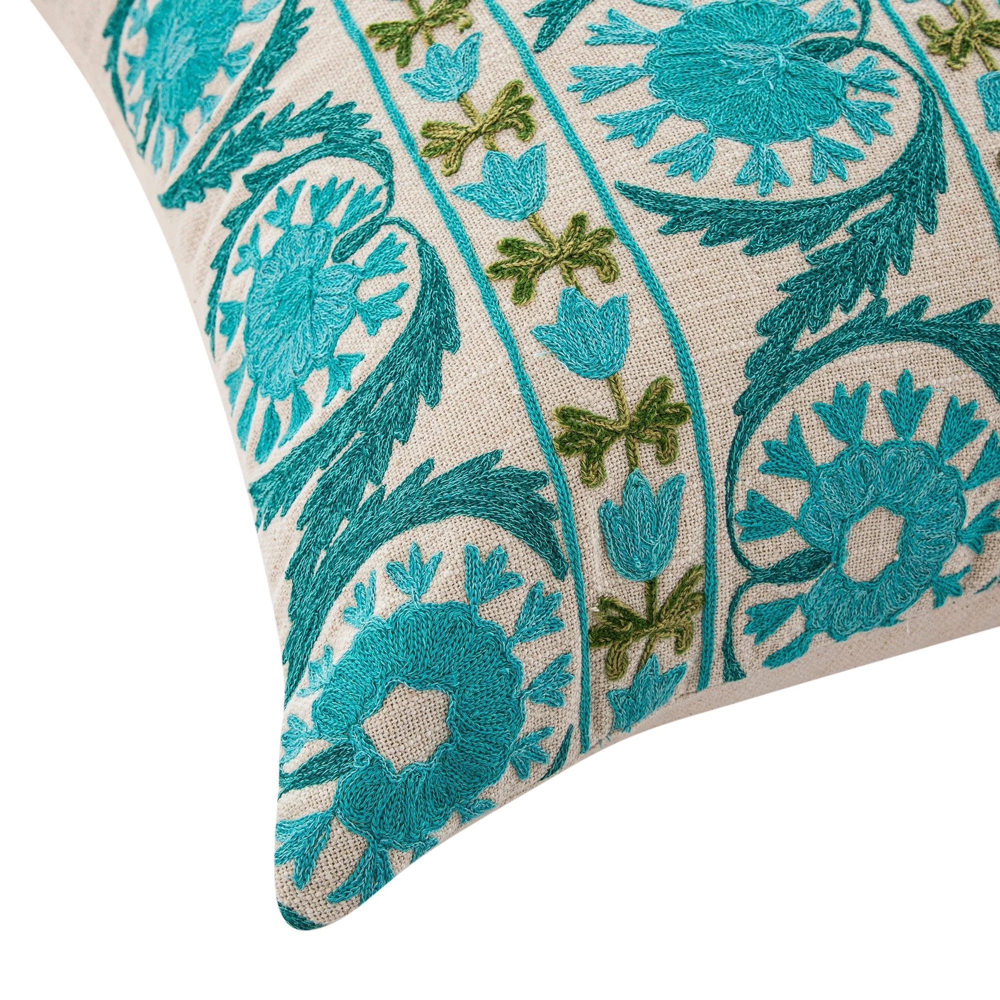 Indra Suzani Cyan Blue Crewelwork Wool Embroidered Cushion - Image 3