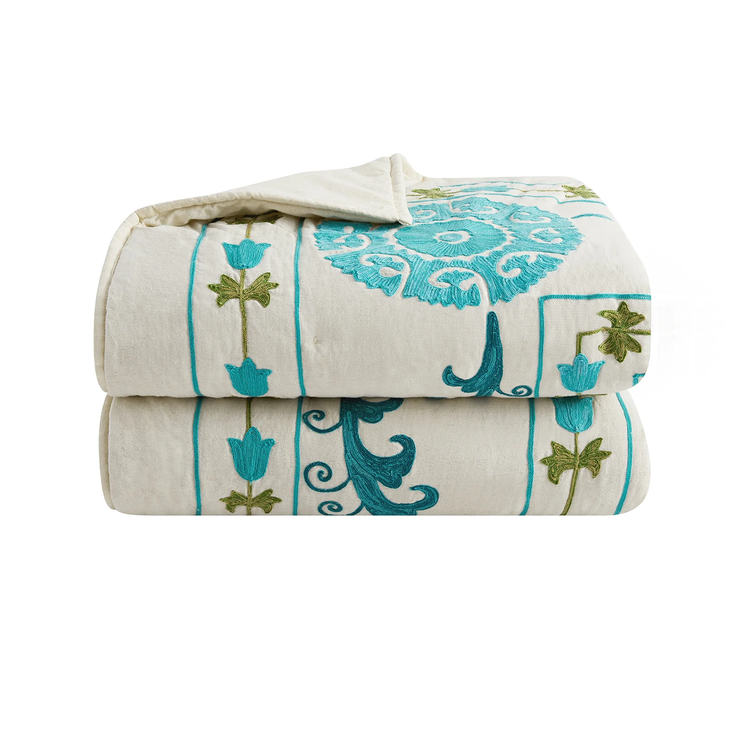 Indra Suzani Cyan Floral Embroidered Quilted Cotton Bedspread - Image 2