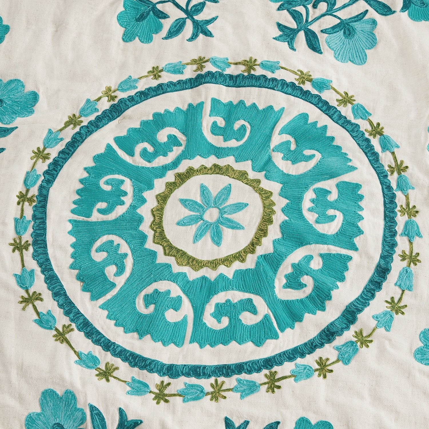 Indra Suzani Cyan Floral Embroidered Quilted Cotton Bedspread - Image 4