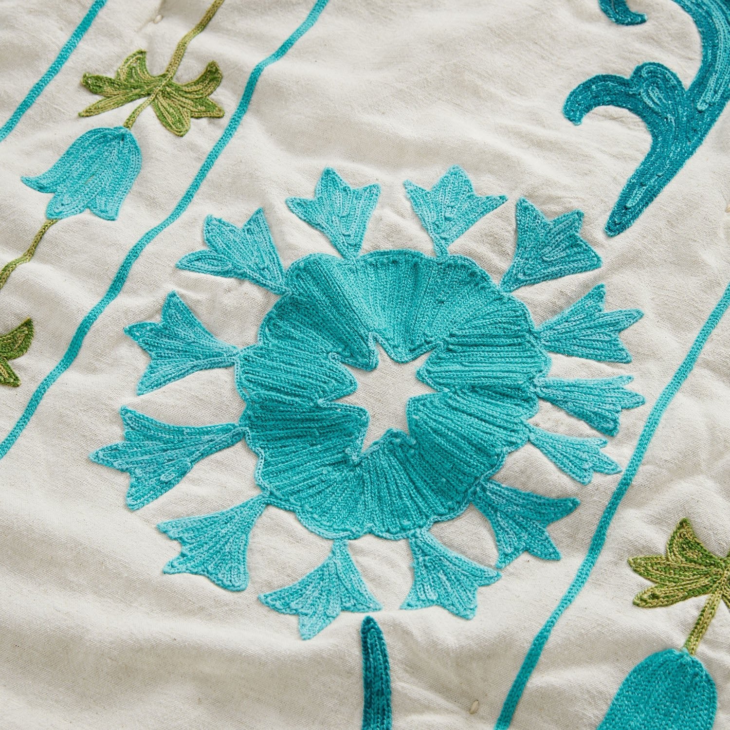 Indra Suzani Cyan Floral Embroidered Quilted Cotton Bedspread - Image 5