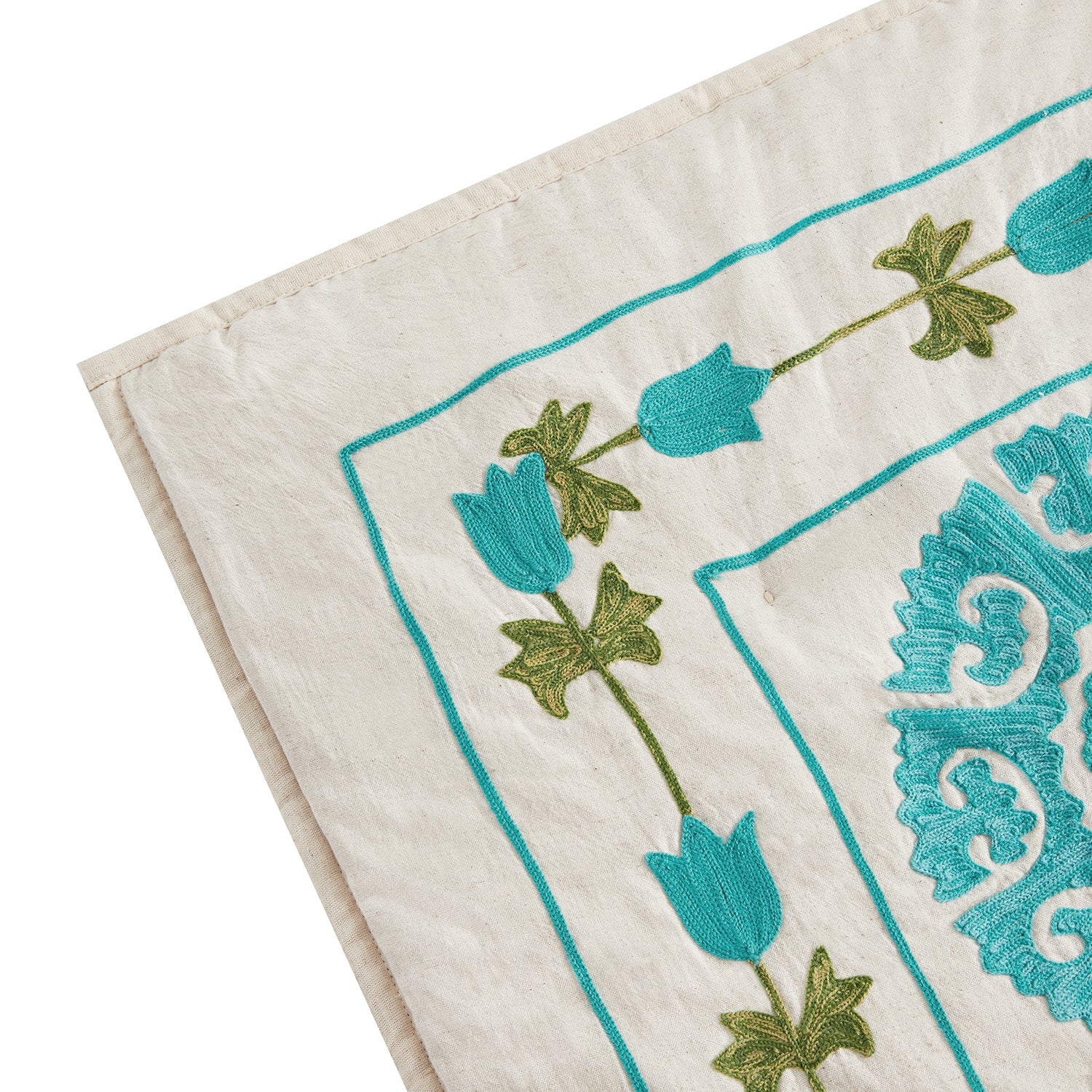 Indra Suzani Cyan Floral Embroidered Quilted Cotton Bedspread - Image 8