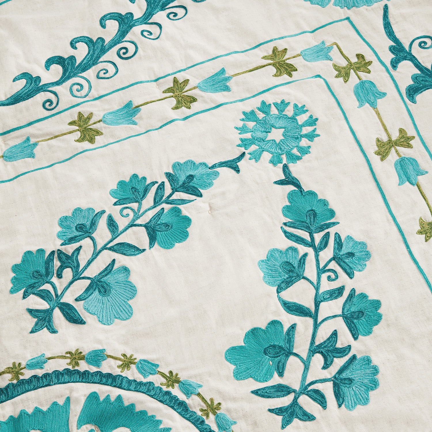 Indra Suzani Cyan Floral Embroidered Quilted Cotton Bedspread - Image 9