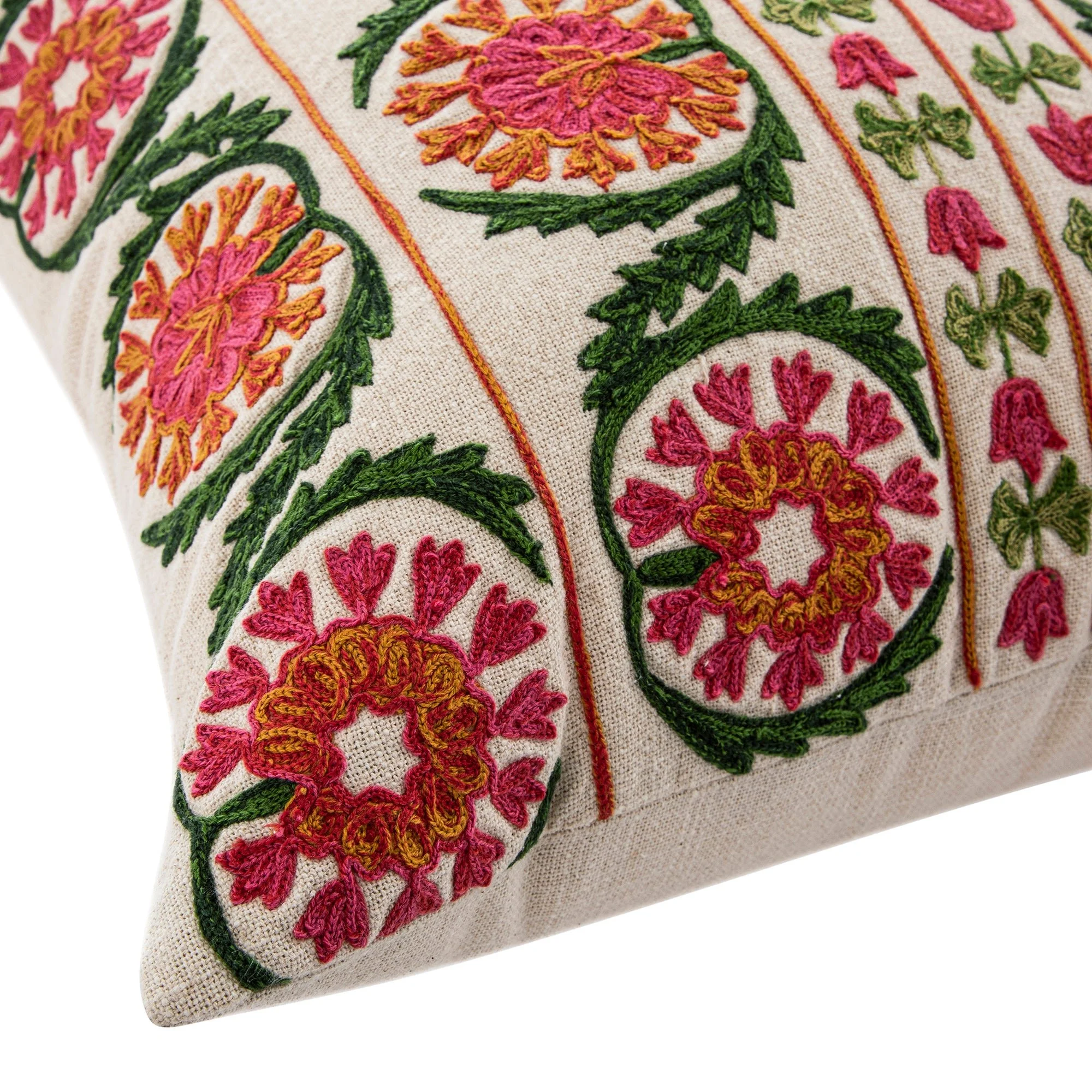 Indra Suzani Pink Crewelwork Wool Embroidered Cushion - Image 4