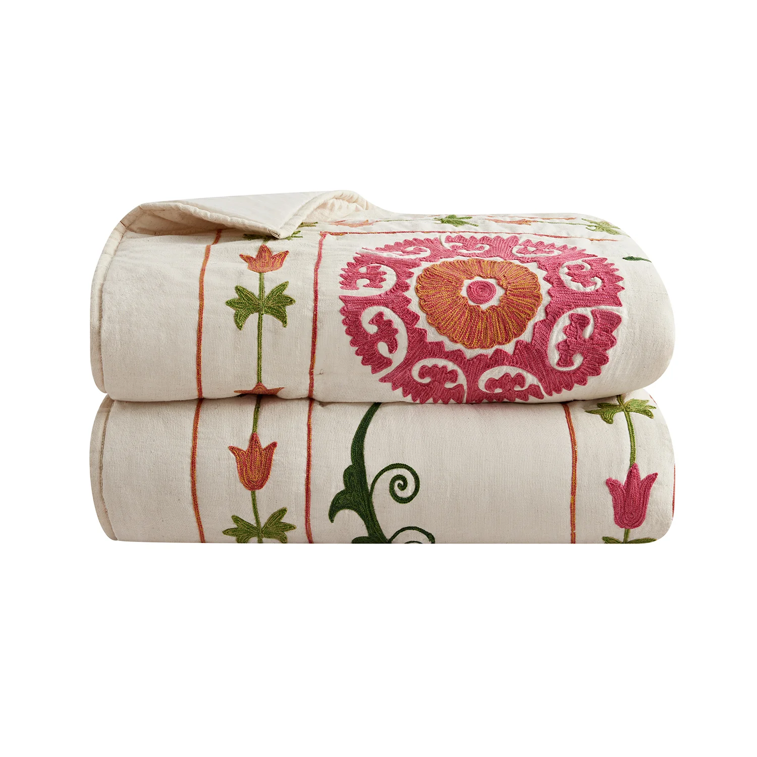 Indra Suzani Pink Floral Embroidered Quilted Cotton Bedspread - Image 2