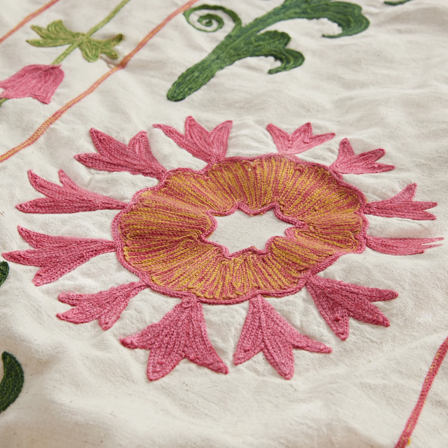 Indra Suzani Pink Floral Embroidered Quilted Cotton Bedspread - Image 7