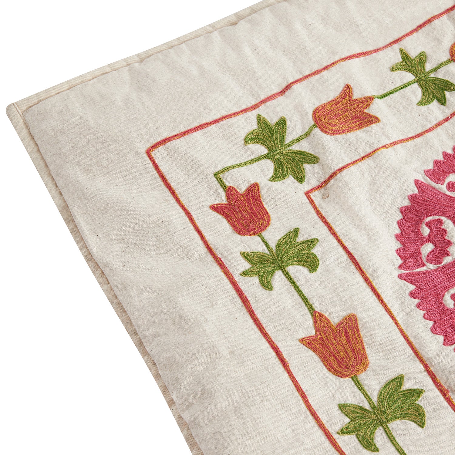 Indra Suzani Pink Floral Embroidered Quilted Cotton Bedspread - Image 8