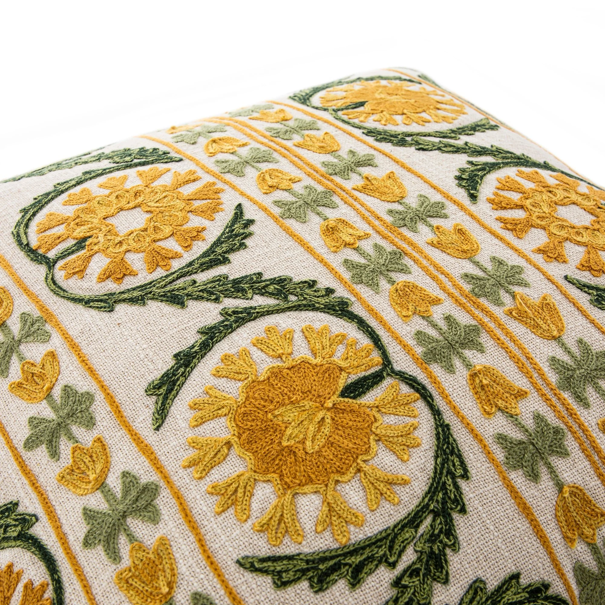 Indra Suzani Sundance Yellow Crewelwork Wool Embroidered Cushion - Image 3