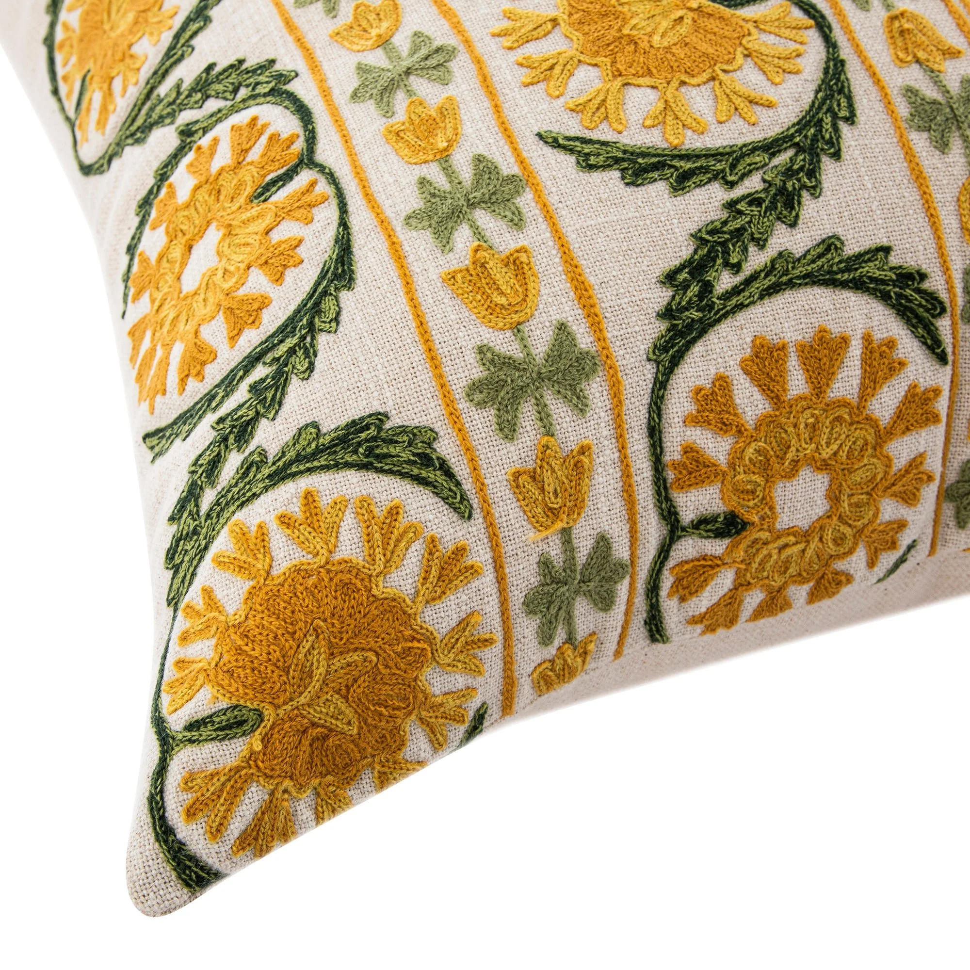 Indra Suzani Sundance Yellow Crewelwork Wool Embroidered Cushion - Image 4