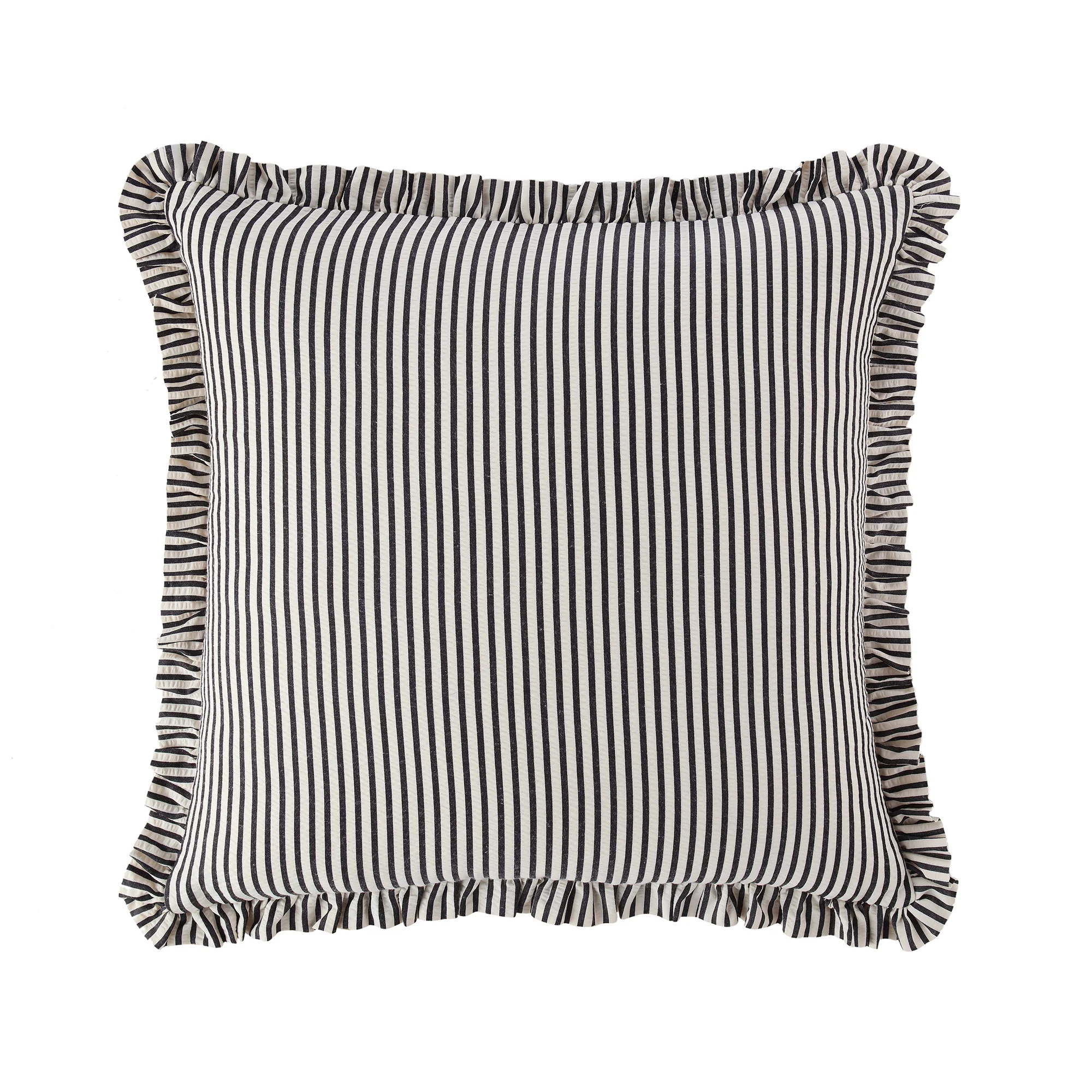 Iris Ticking Black Stripe Seersucker Frill Cushion - Image 3