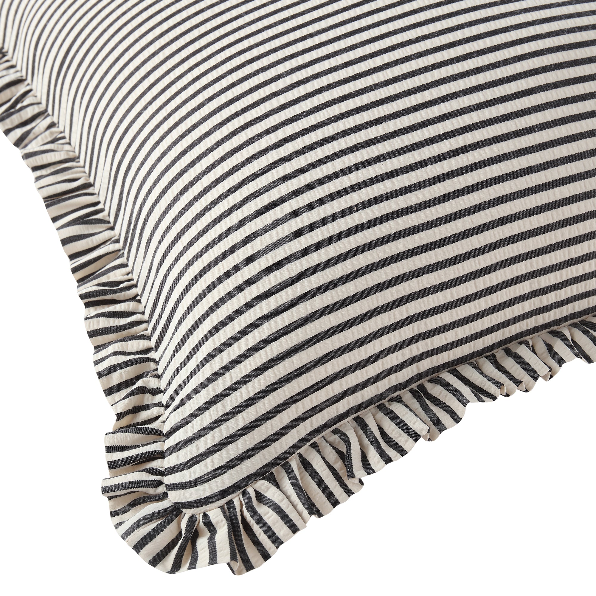 Iris Ticking Black Stripe Seersucker Frill Cushion - Image 5