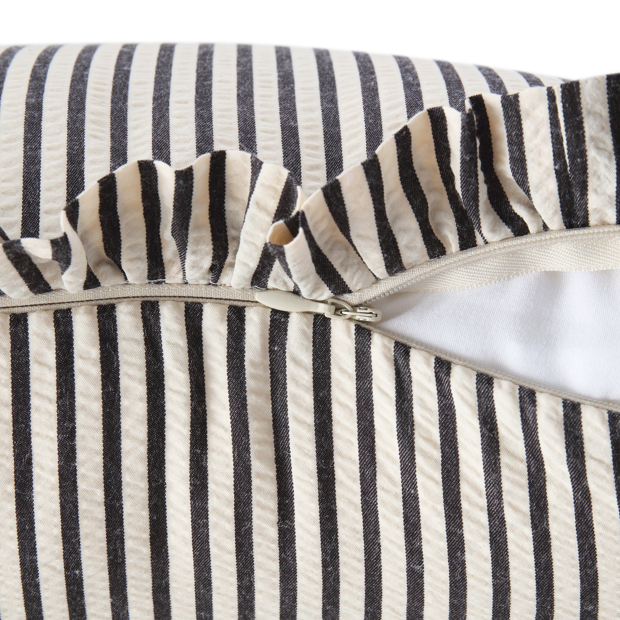 Iris Ticking Black Stripe Seersucker Frill Cushion - Image 7