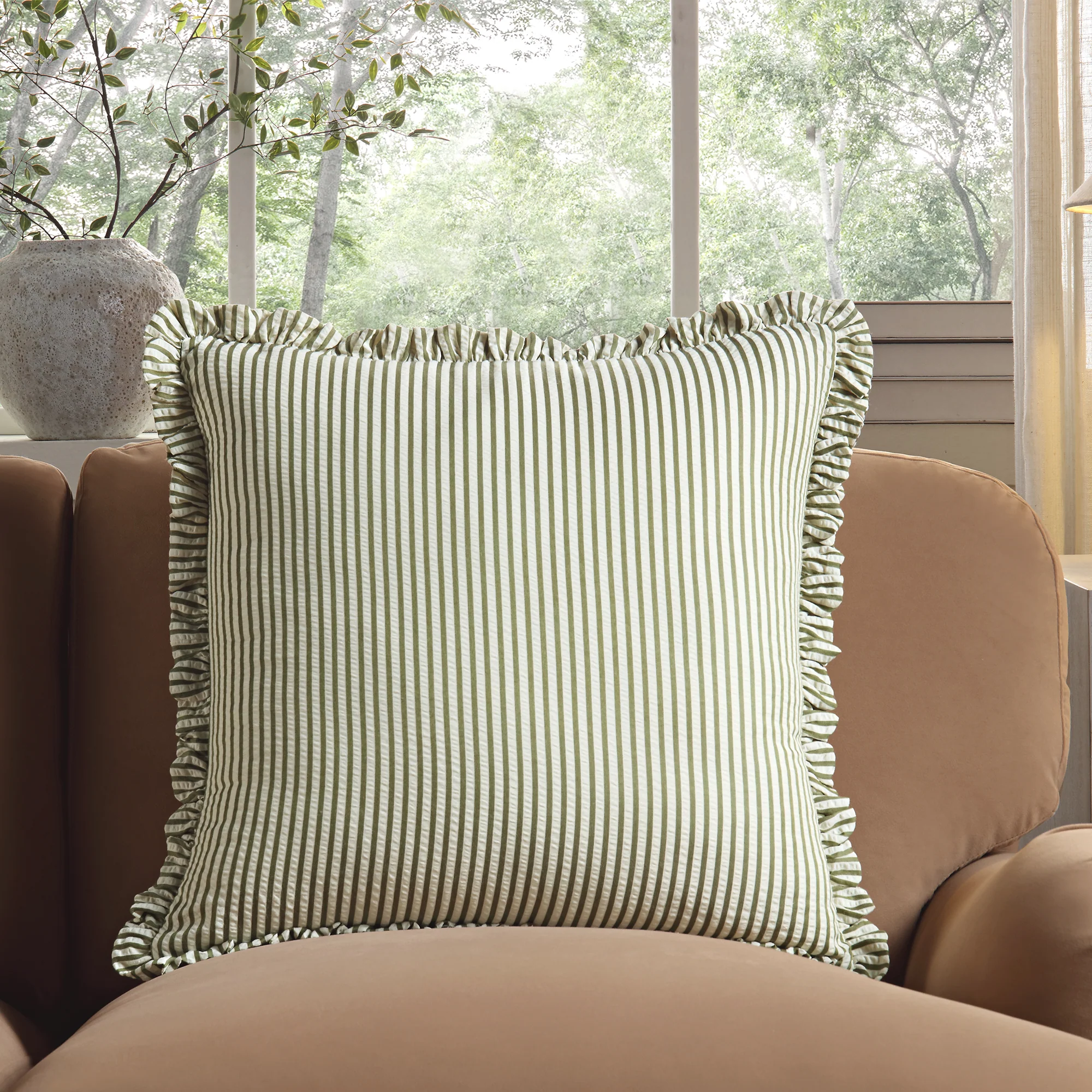 Iris Ticking Green Stripe Seersucker Frill Cushion - Image 2