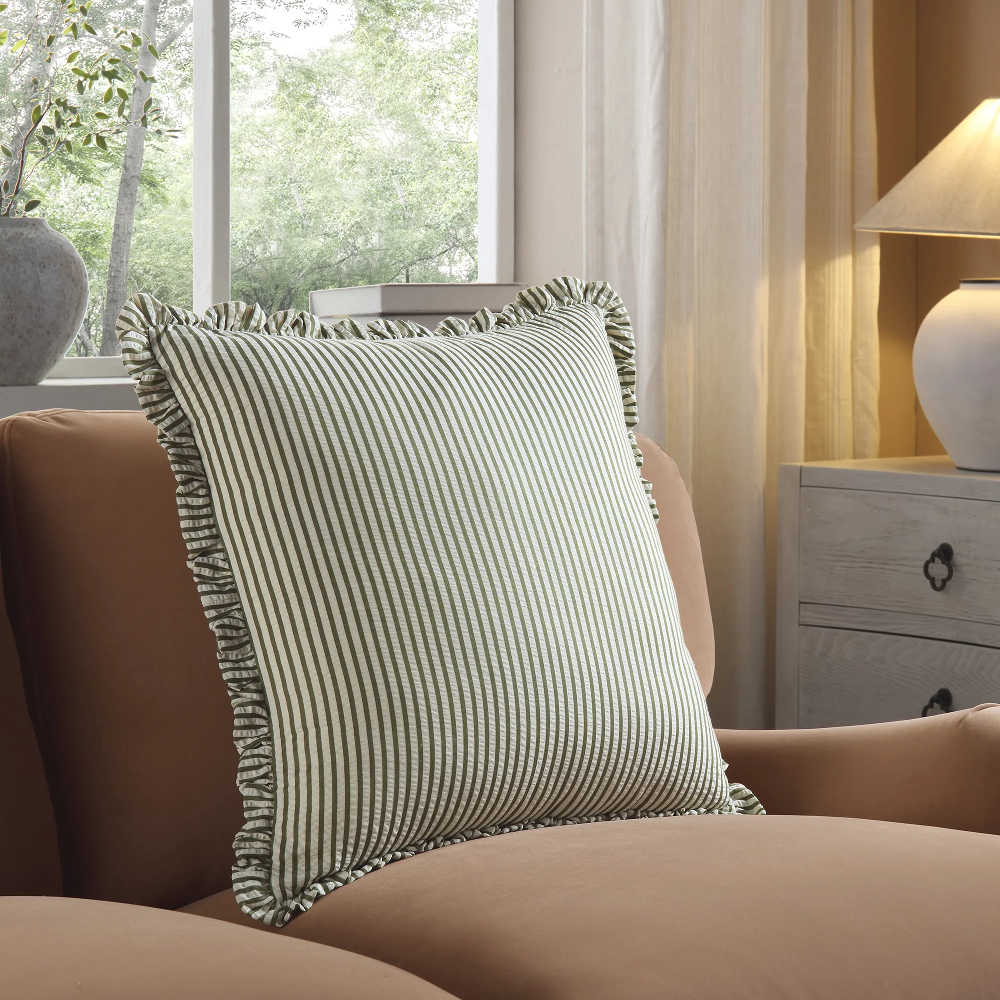 Iris Ticking Green Stripe Seersucker Frill Cushion - Image 3