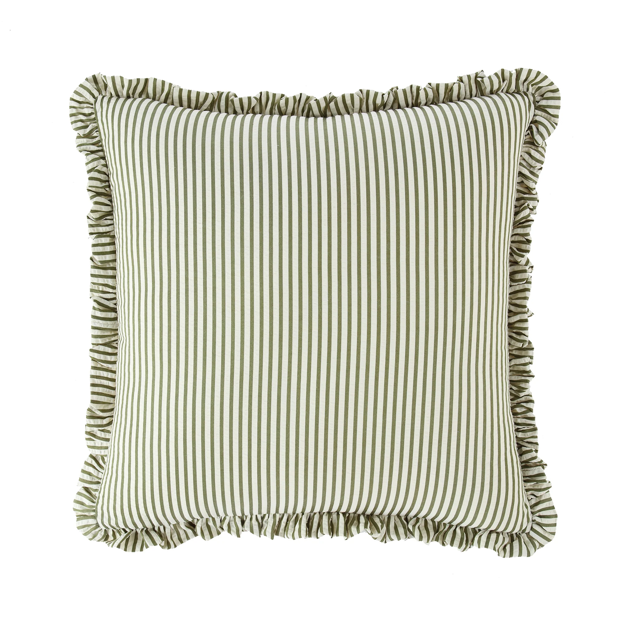 Iris Ticking Green Stripe Seersucker Frill Cushion - Image 4