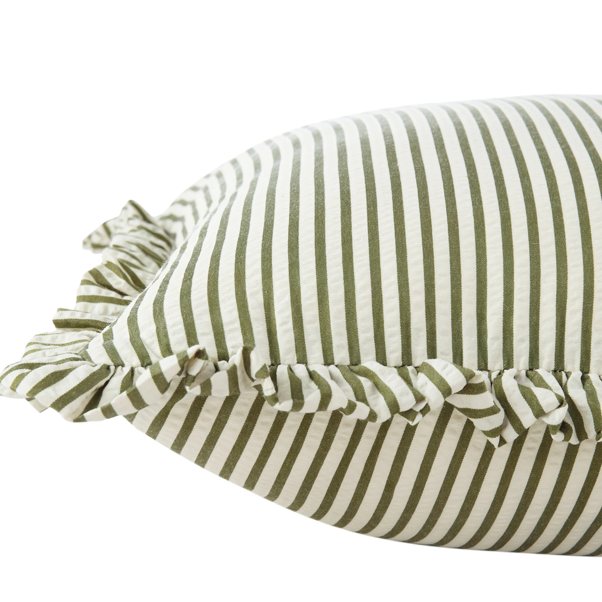 Iris Ticking Green Stripe Seersucker Frill Cushion - Image 5