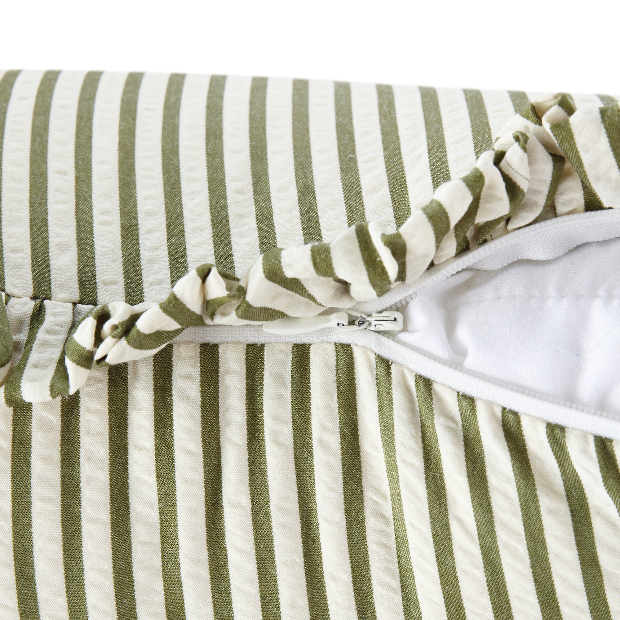 Iris Ticking Green Stripe Seersucker Frill Cushion - Image 8